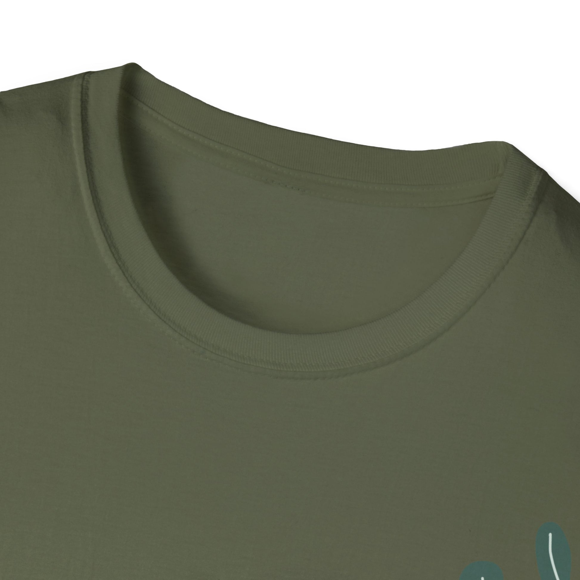 Close-up of a green t-shirt with a collar detail on a white background