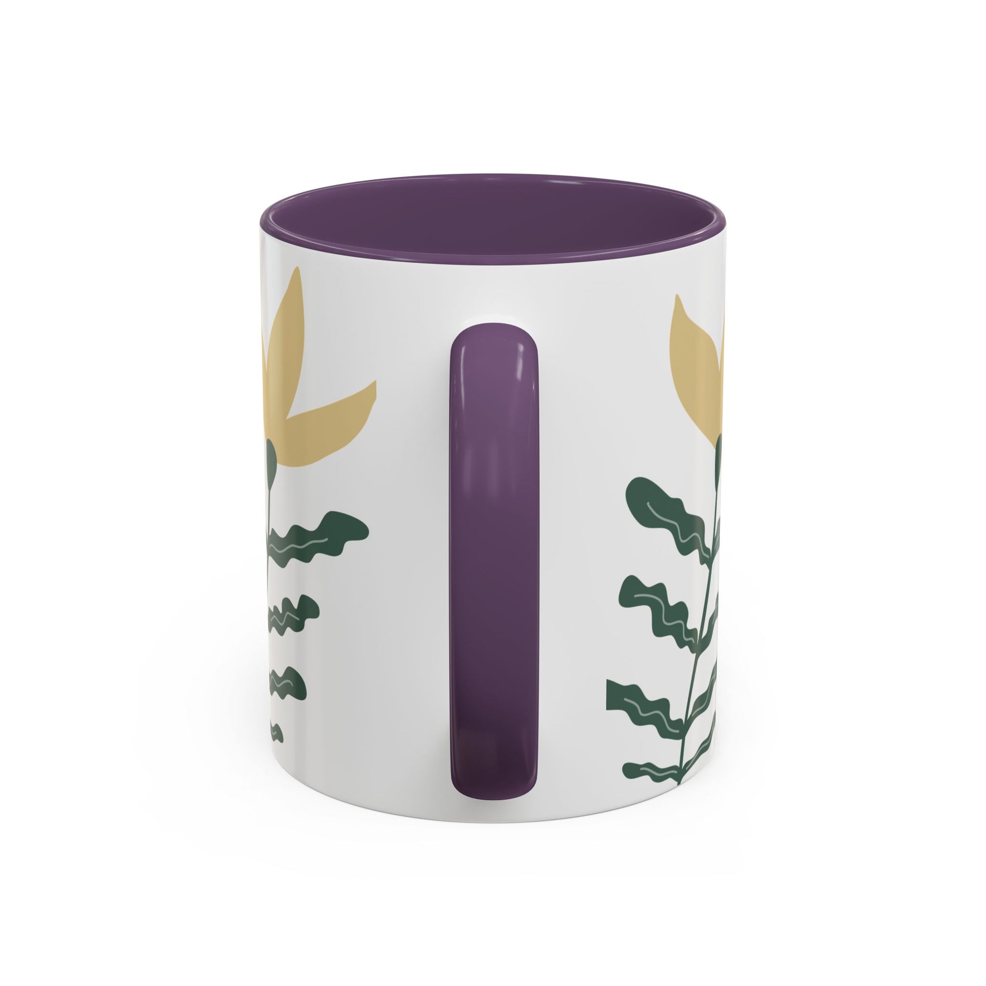 White mug with purple handle and interior, featuring leaf patterns on a white background