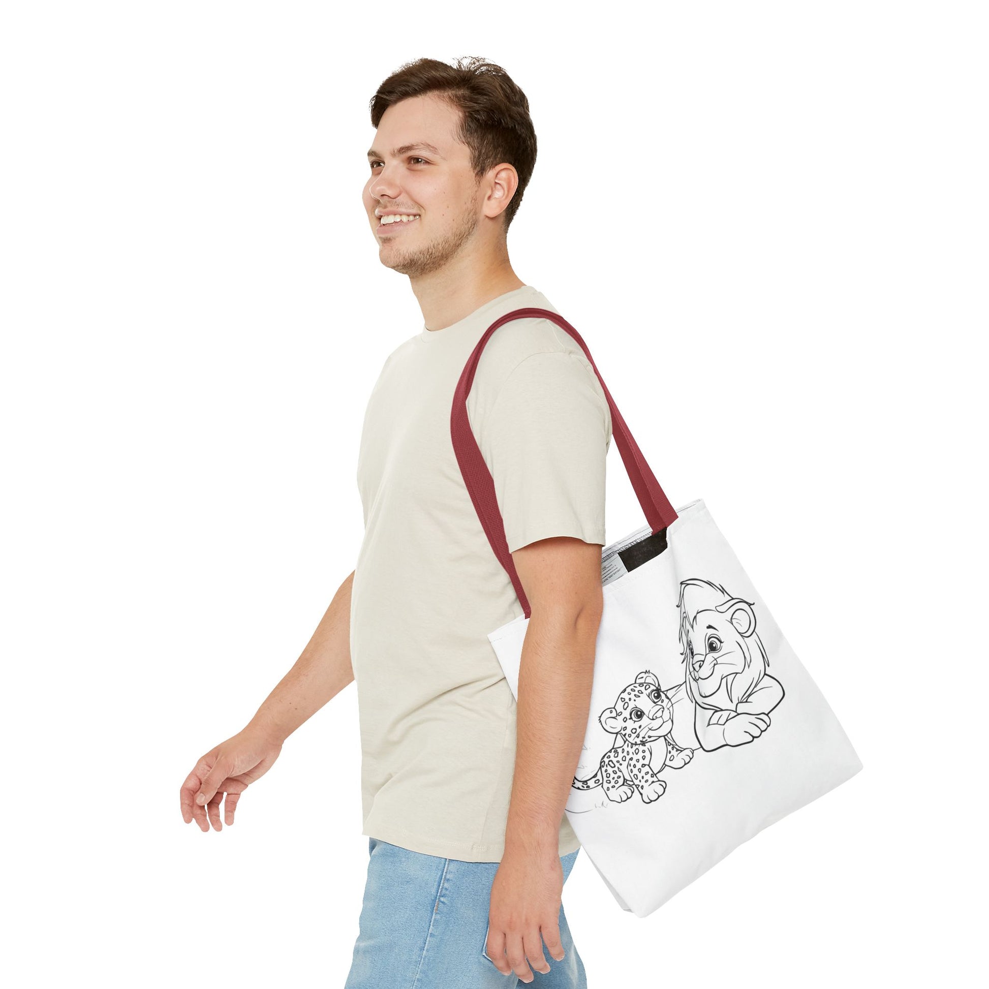 Man carrying a tote bag with a cartoon design on a white background