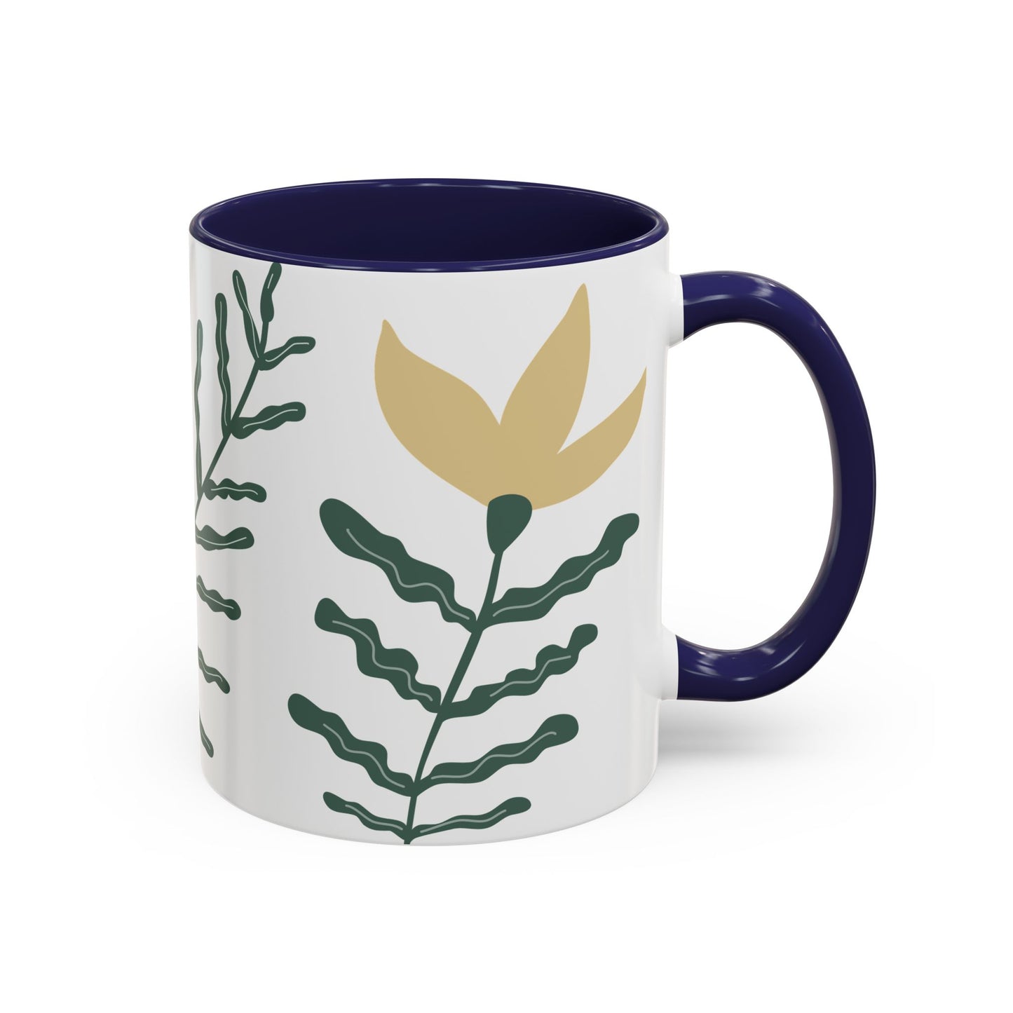 Mug with floral design and navy interior and handle on a white background