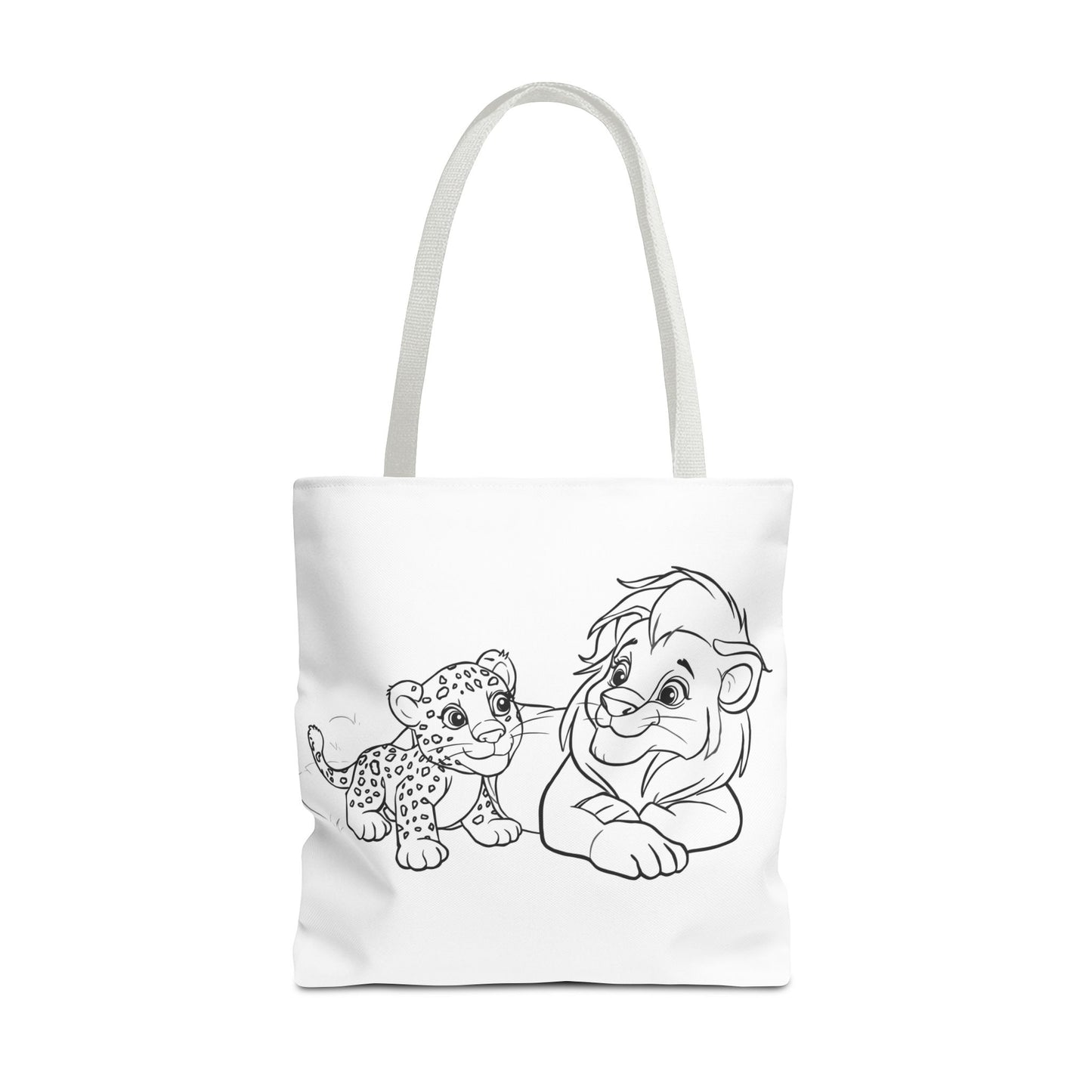 Tote bag with black line art of a lion and a cub on a white background
