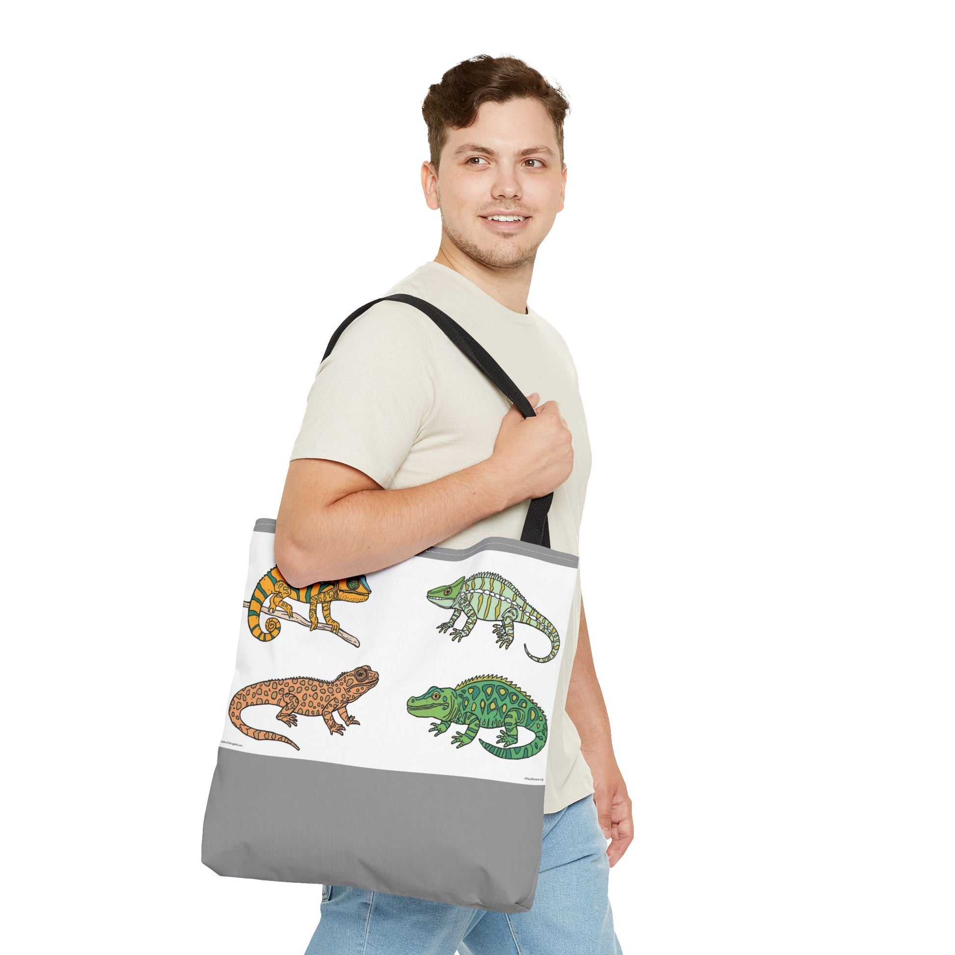 Eco-friendly lizard tote bag with colorful reptile print design