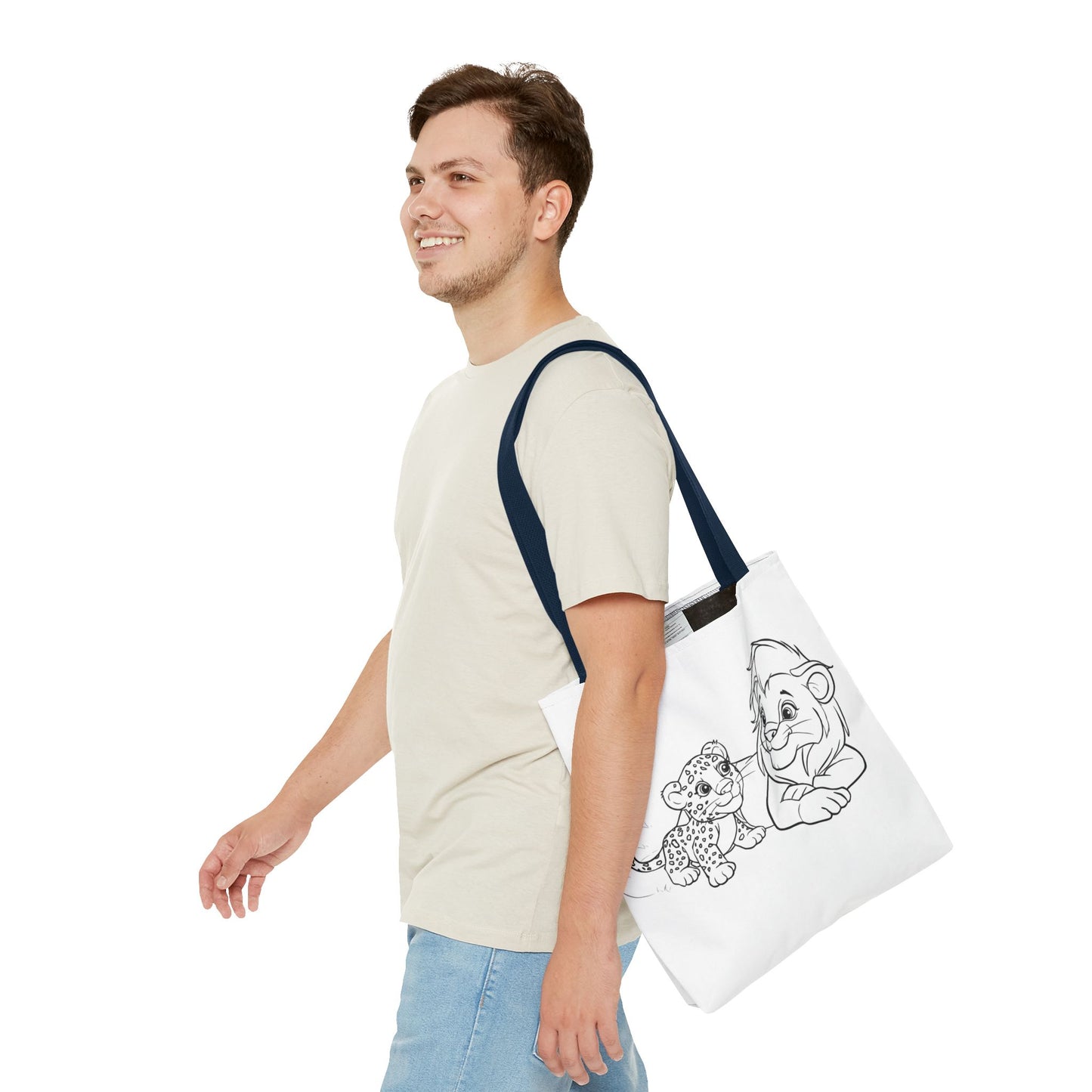 Man carrying a tote bag with a cartoon design on a white background