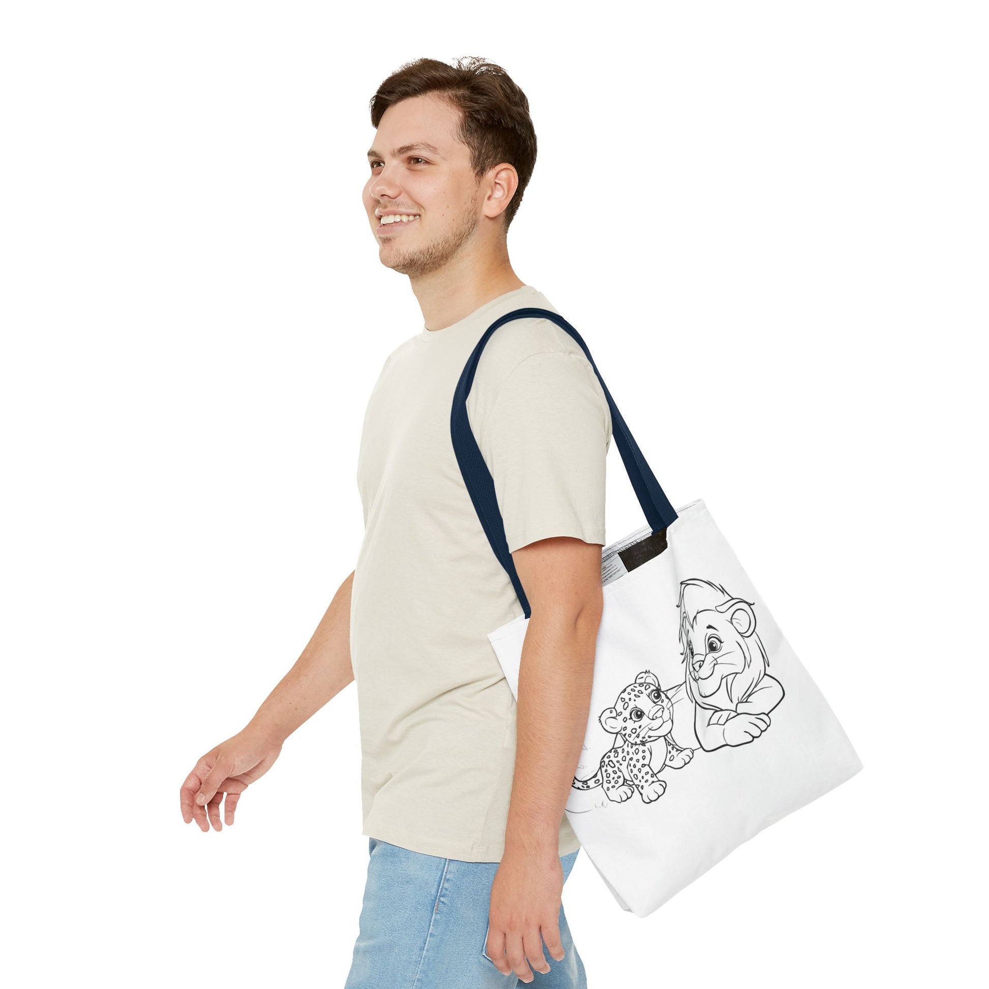 Man carrying a tote bag with a cartoon design on a white background