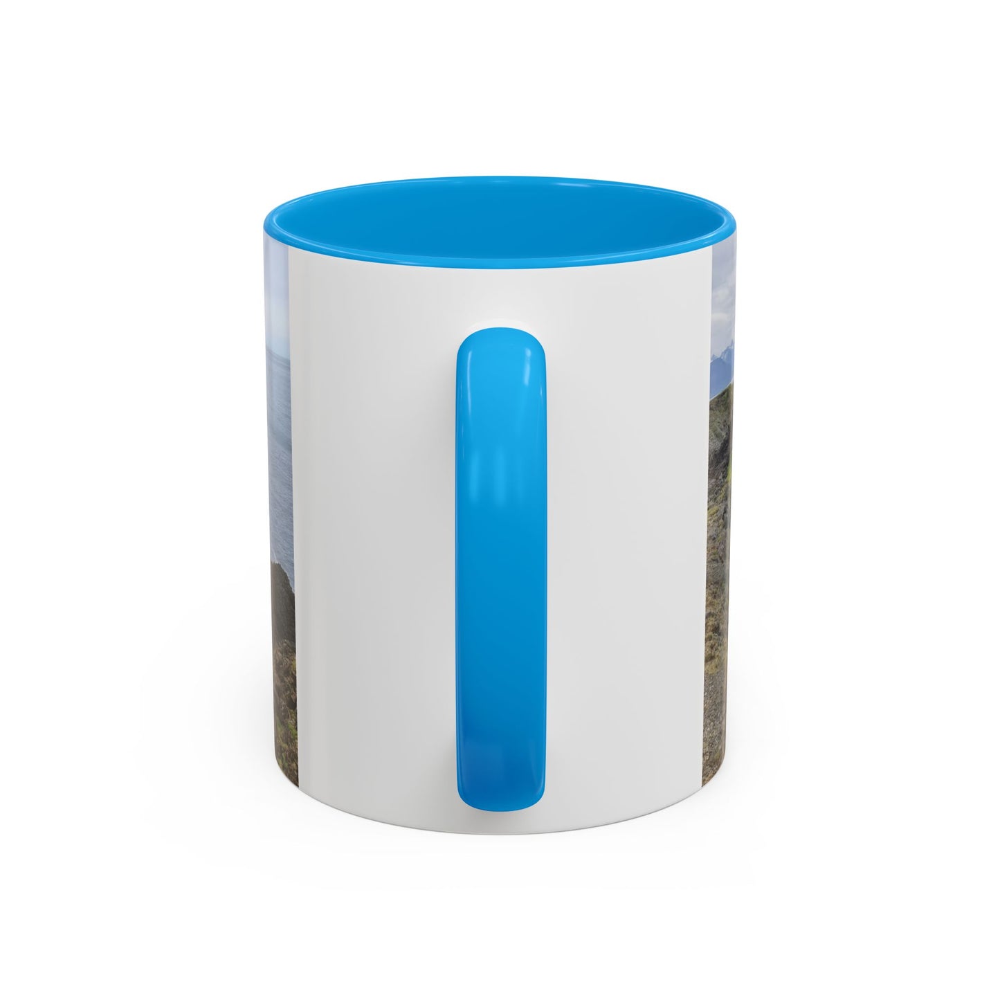 Blue handle ocean view ceramic coffee mug with coastal landscape design
