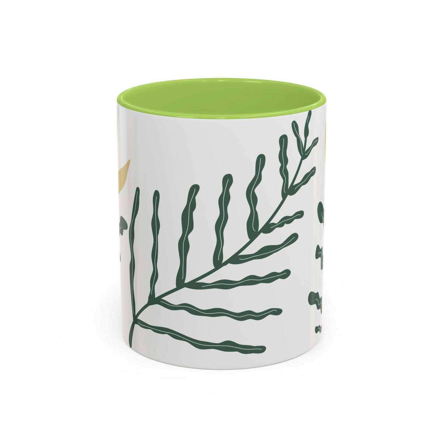 Mug with green interior and leaf pattern on a white background
