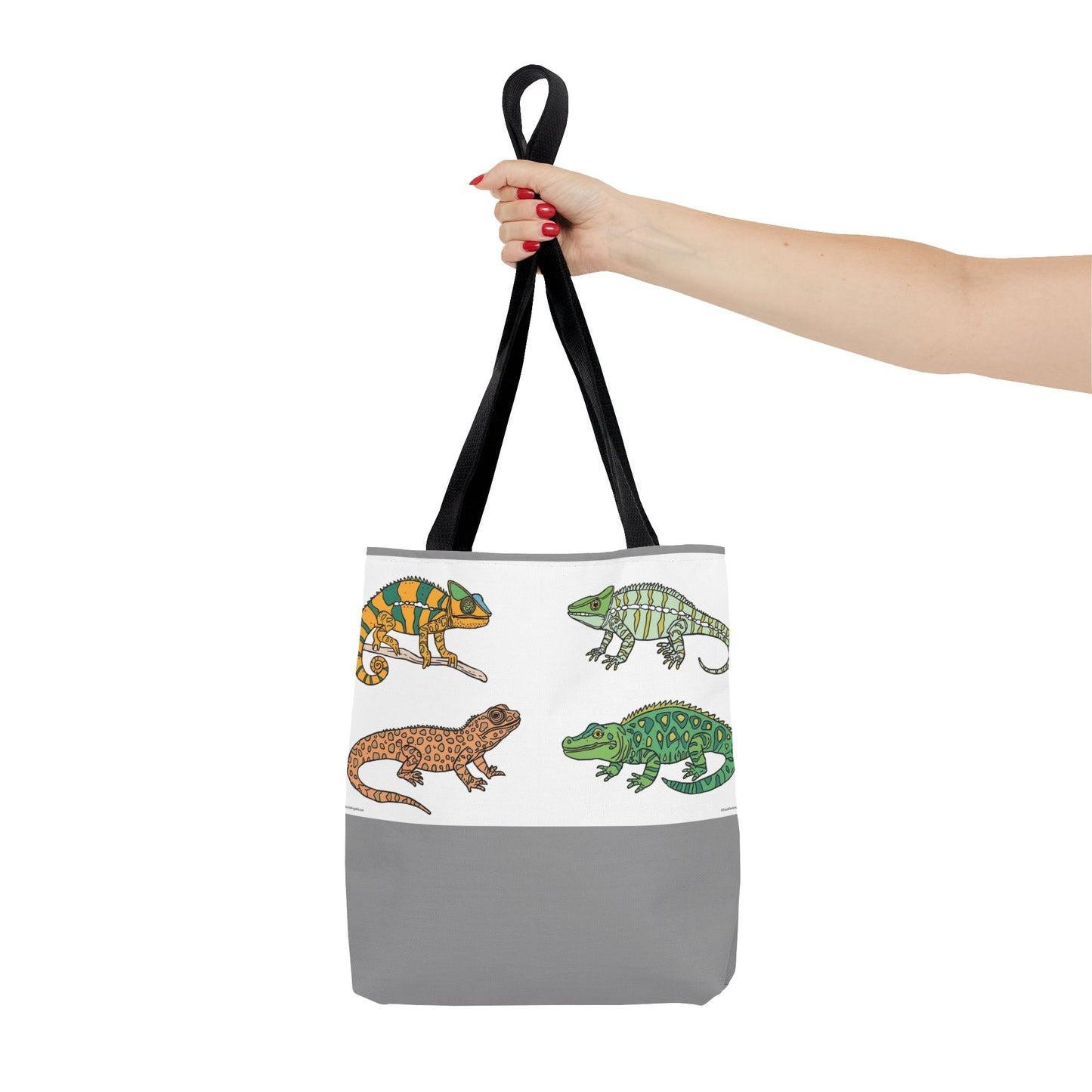 Eco-friendly lizard tote bag with colorful reptile print design