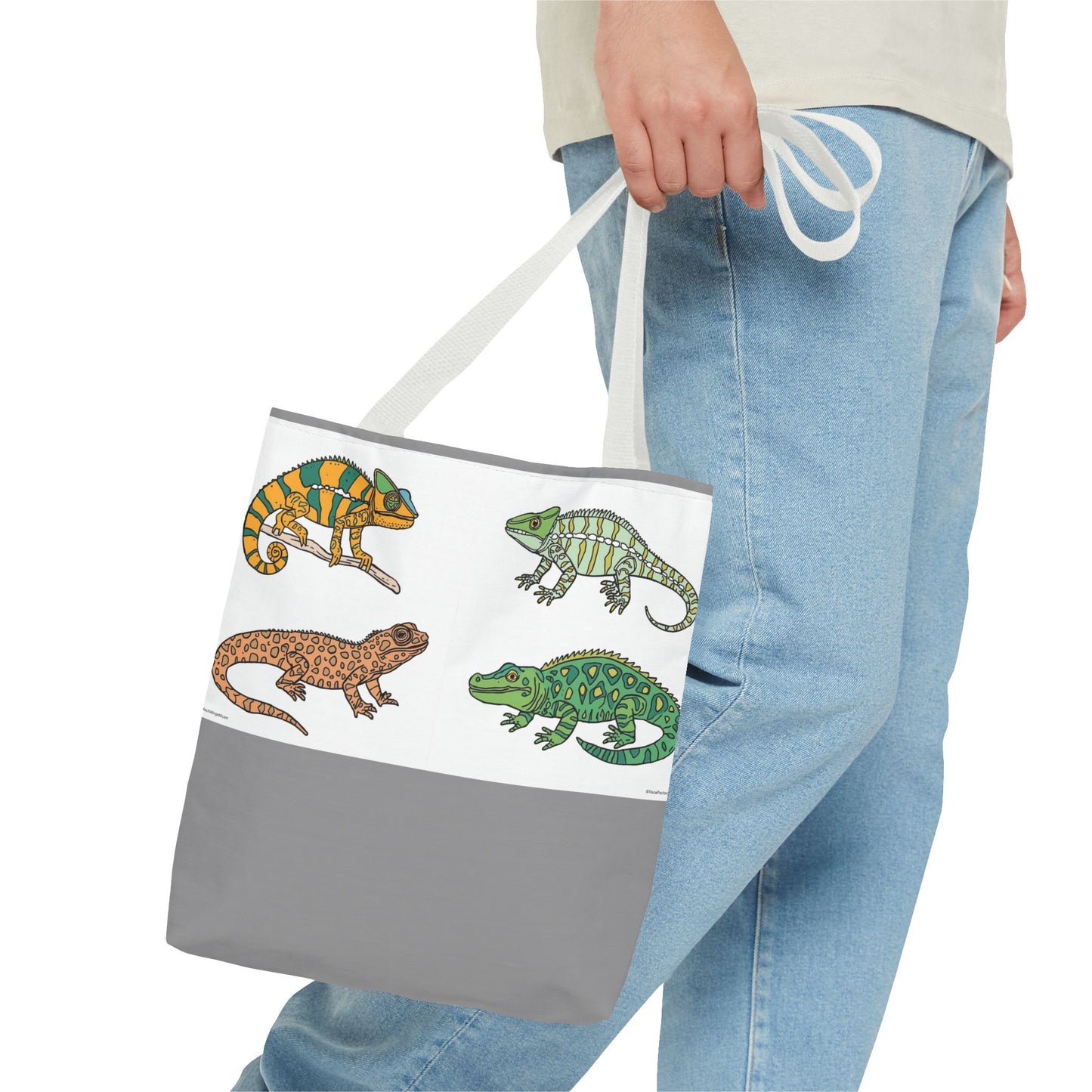 Eco-friendly lizard tote bag with colorful reptile print design