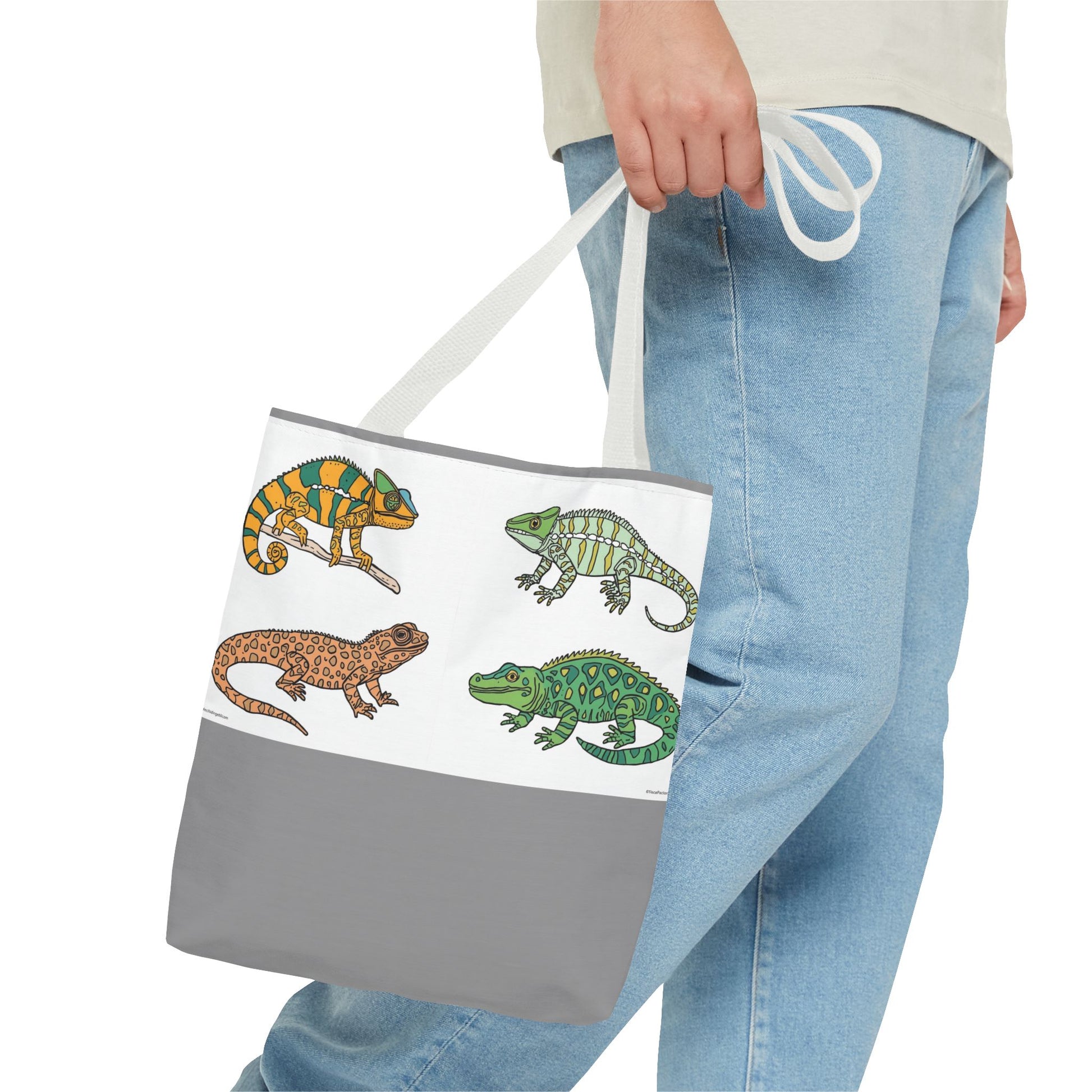 Eco-friendly lizard tote bag with colorful reptile print design