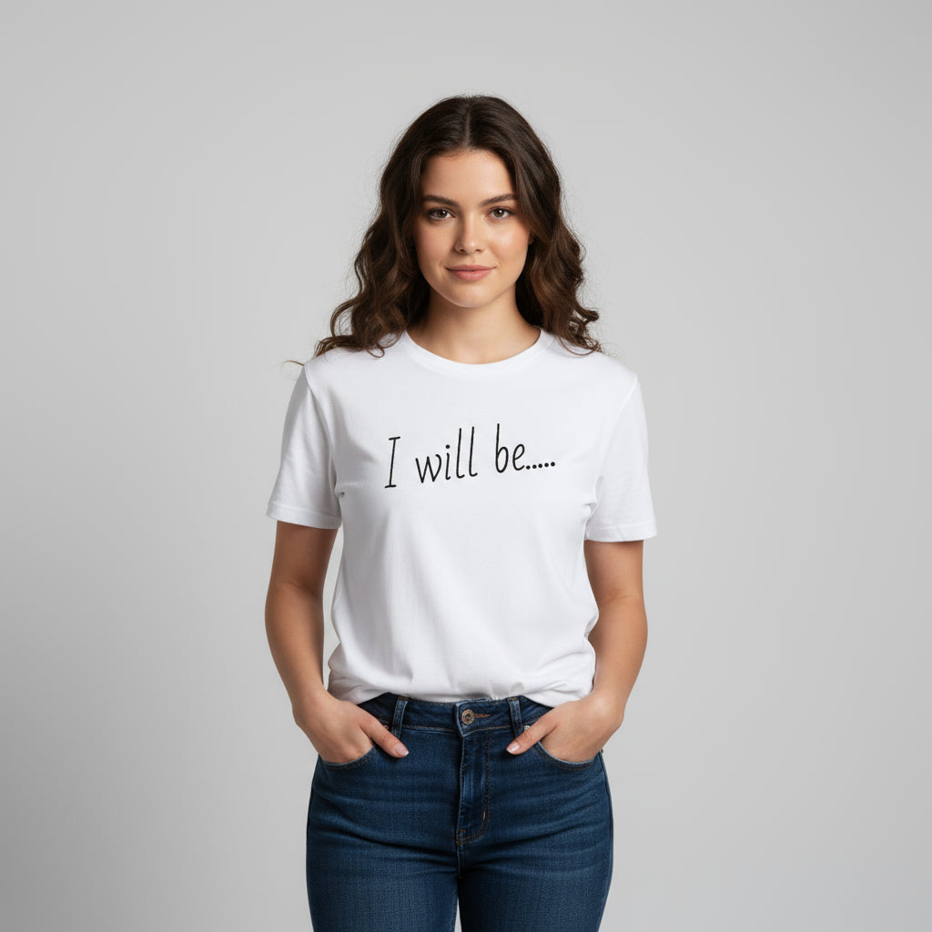 White t-shirt with 'I will be....' text on a white background