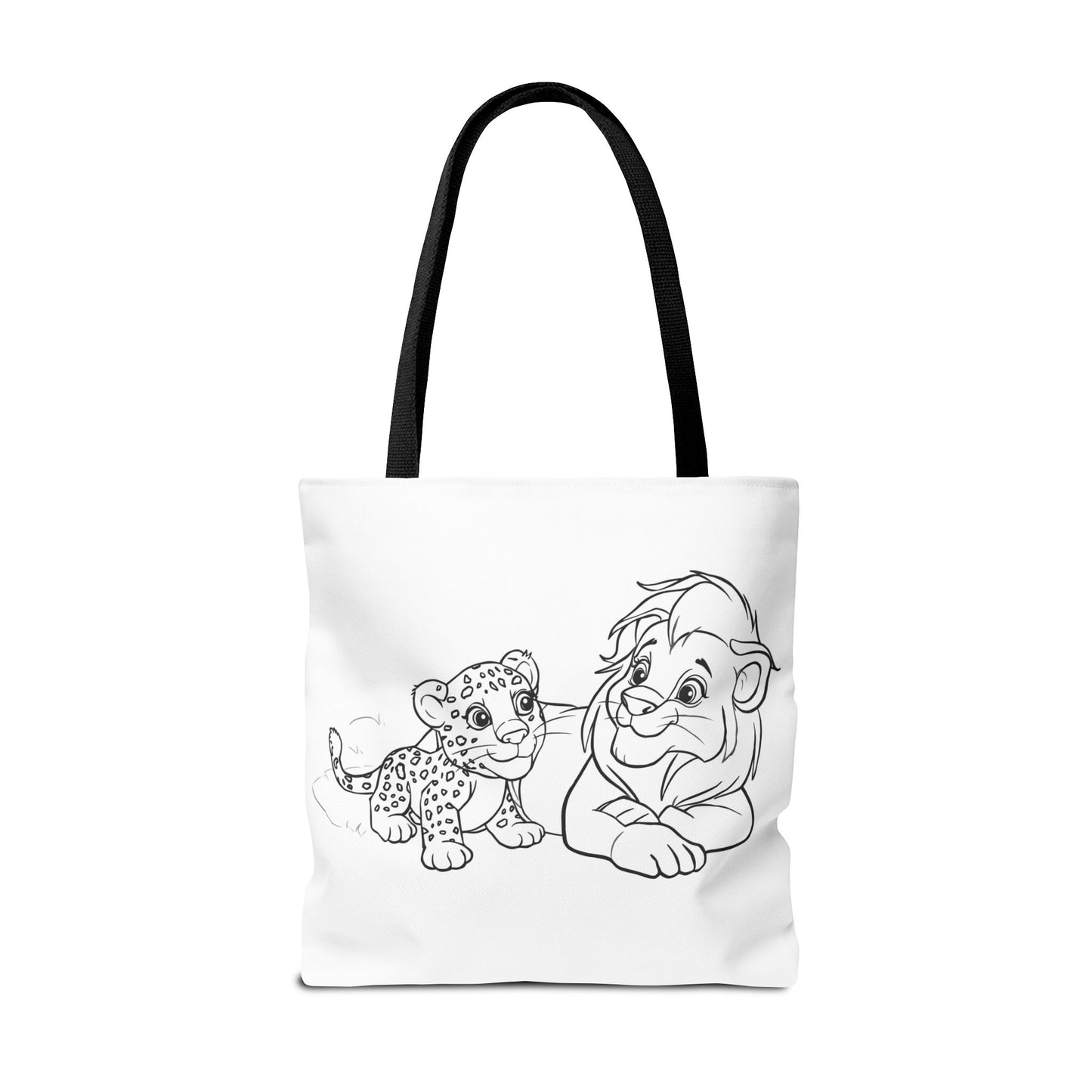 Tote bag with black and white illustration of a baby and a leopard on a white background