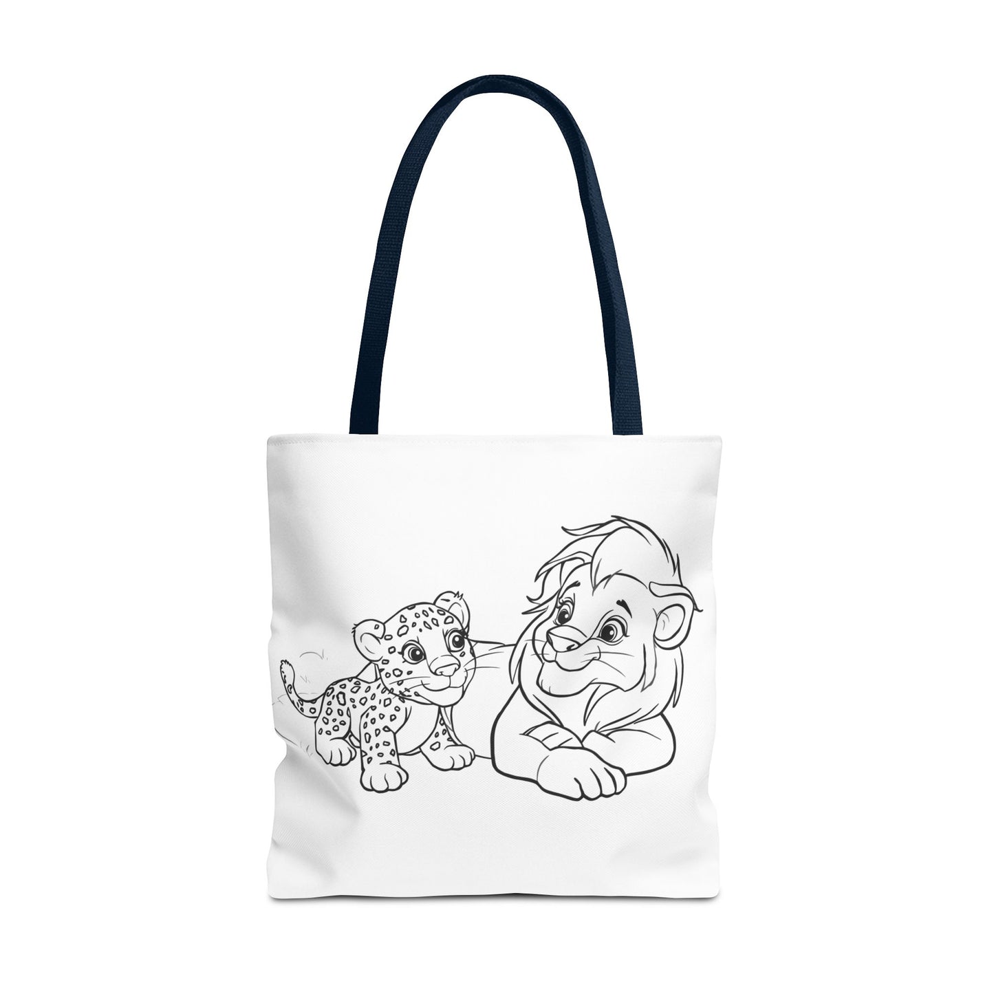Tote bag with black and white illustrations of a lion and a cub on a white background