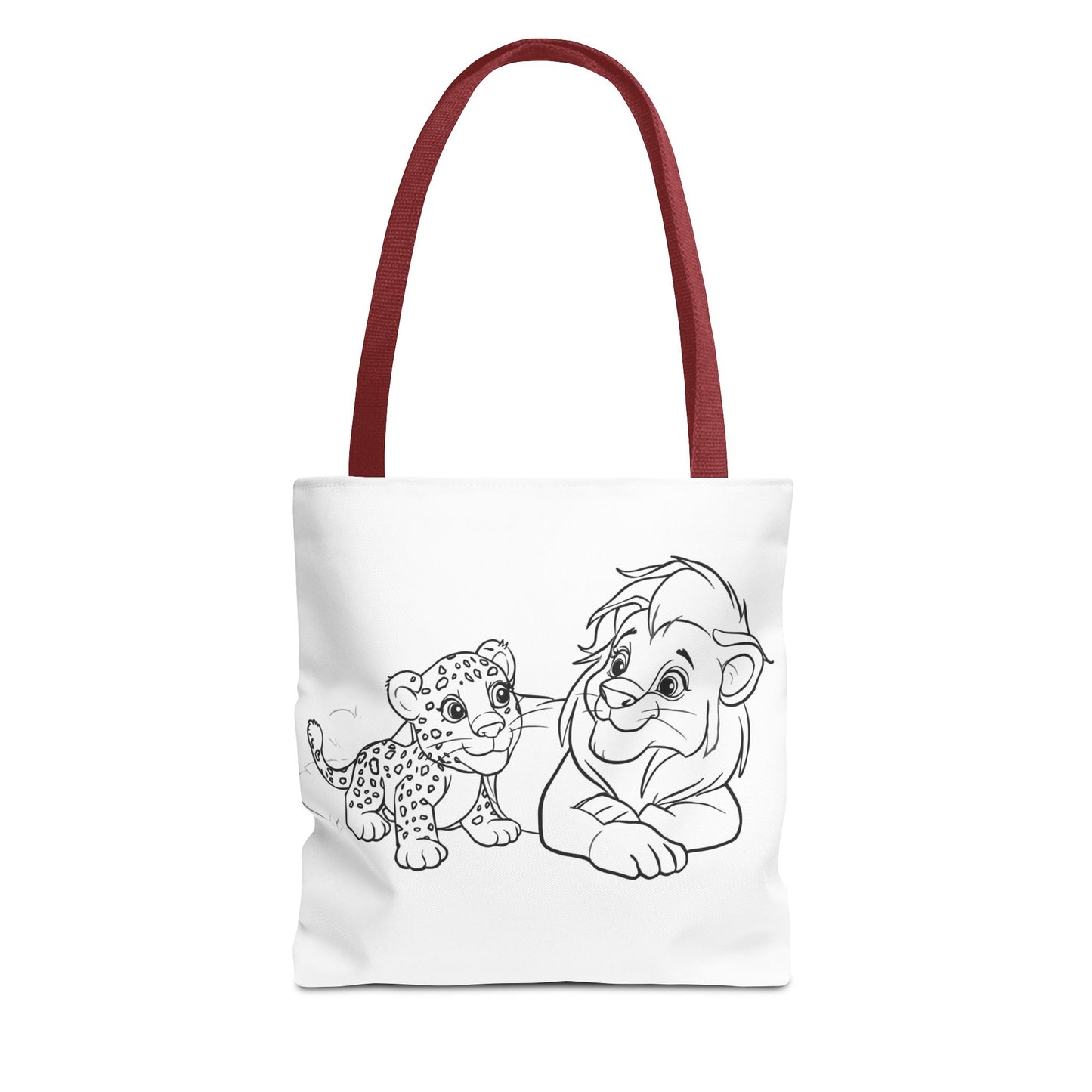 Tote bag with lion head with cartoon characters on a white background