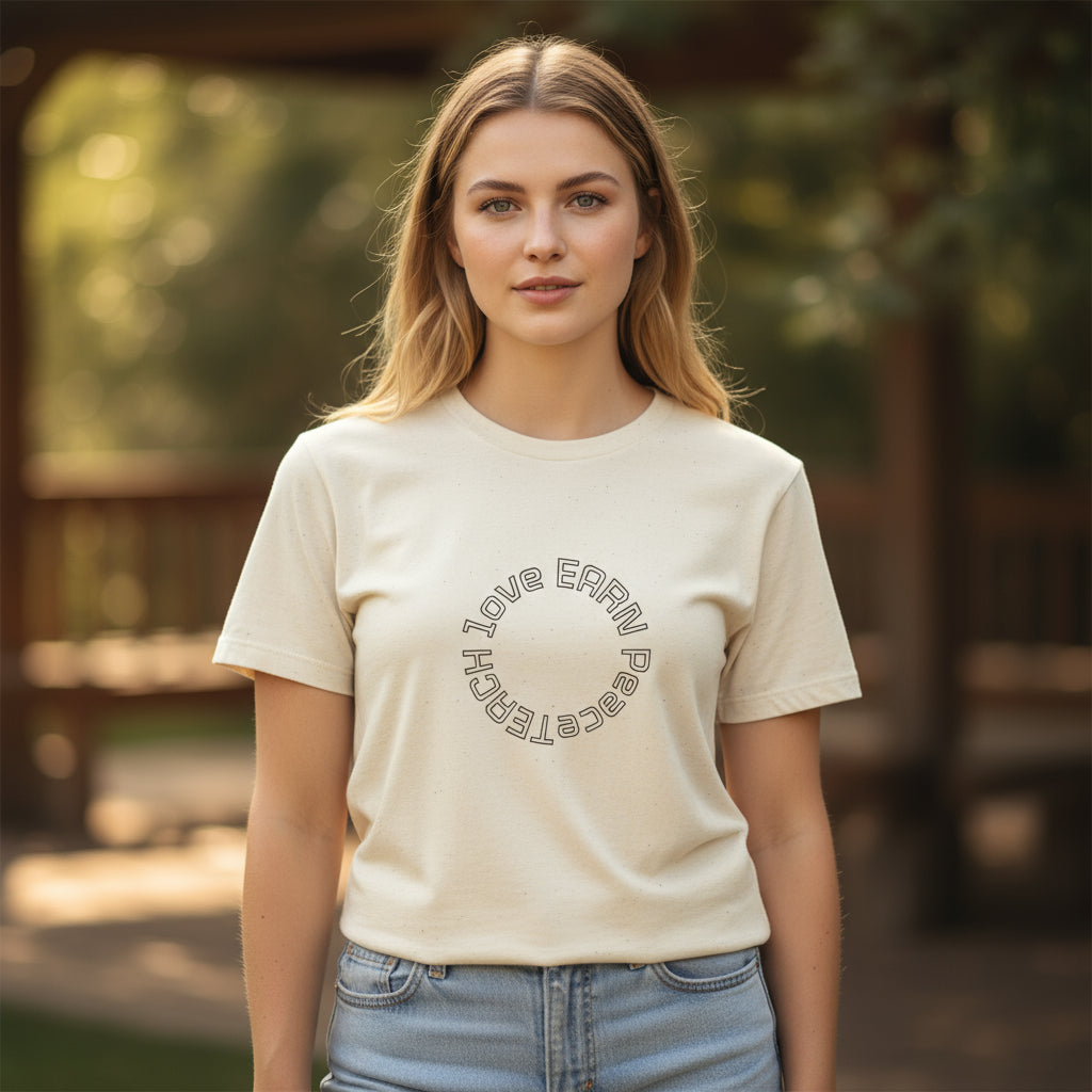 Beige t-shirt with circular text design on a white background