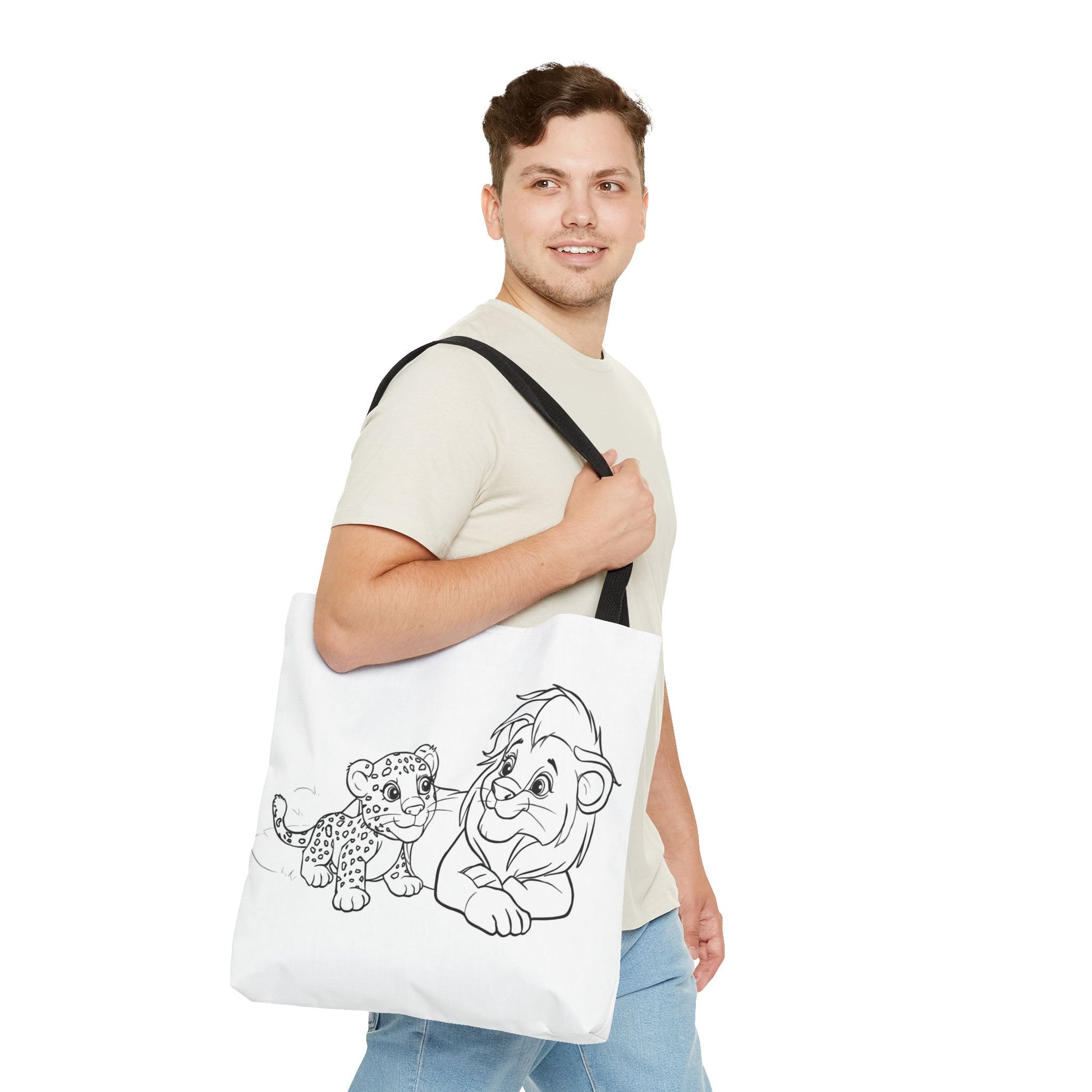 Man holding a tote bag with cartoon characters on a white background
