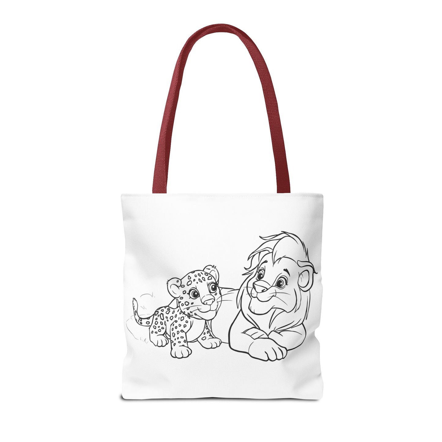 Tote bag with black and white illustration of a lion and cub on a white background