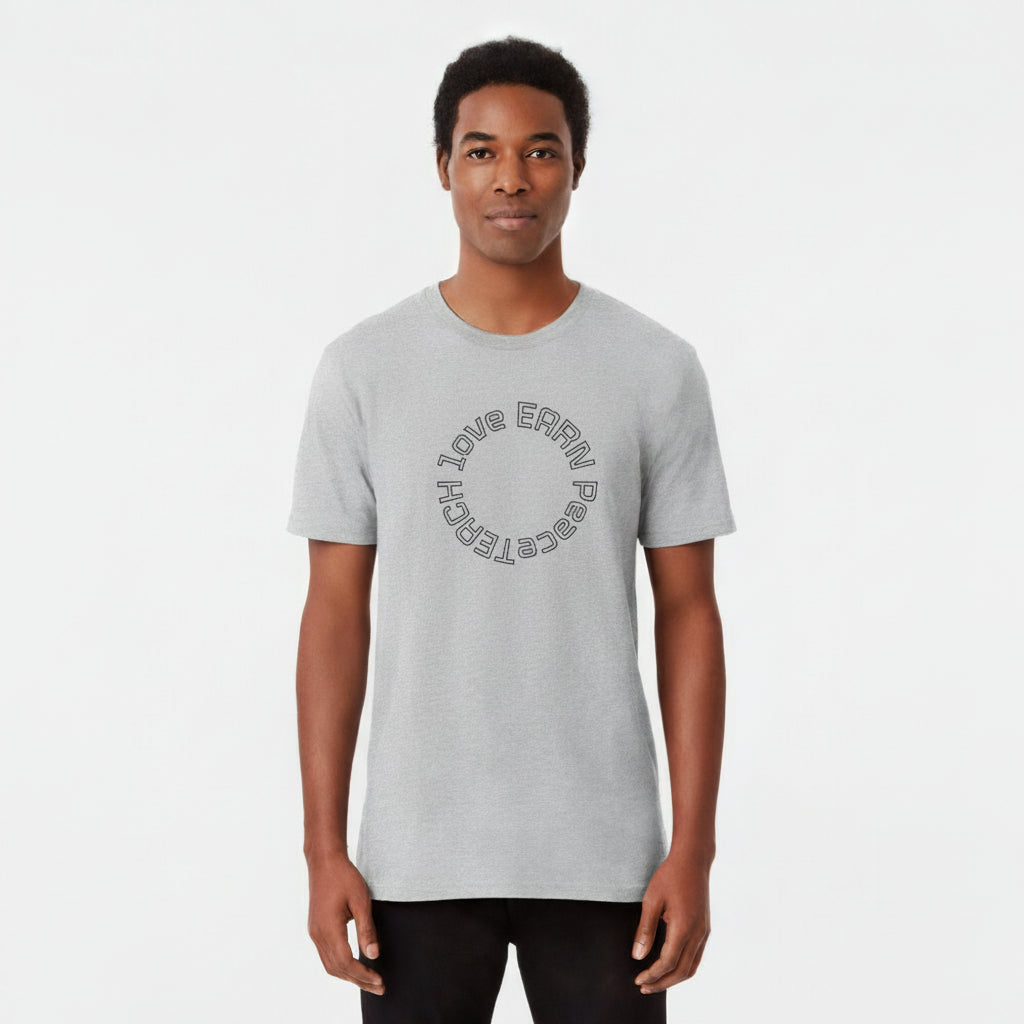 Gray t-shirt with circular text design on a white background