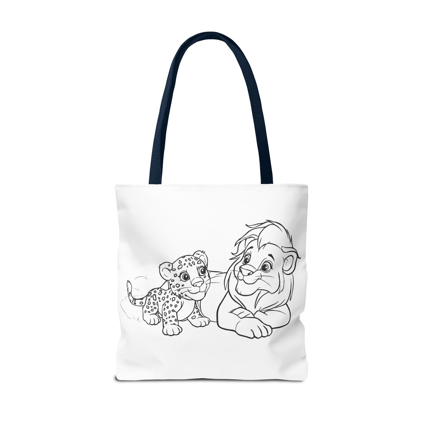 Tote bag with black and white illustration of a character and a leopard on a white background