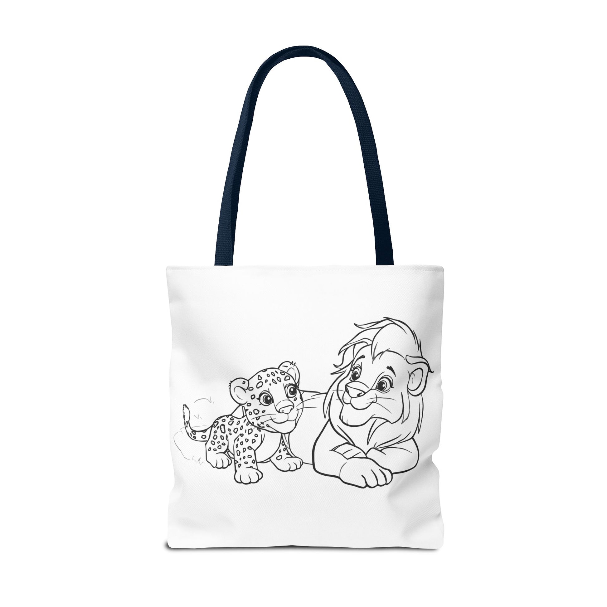 Tote bag with black and white illustration of a character and a leopard on a white background