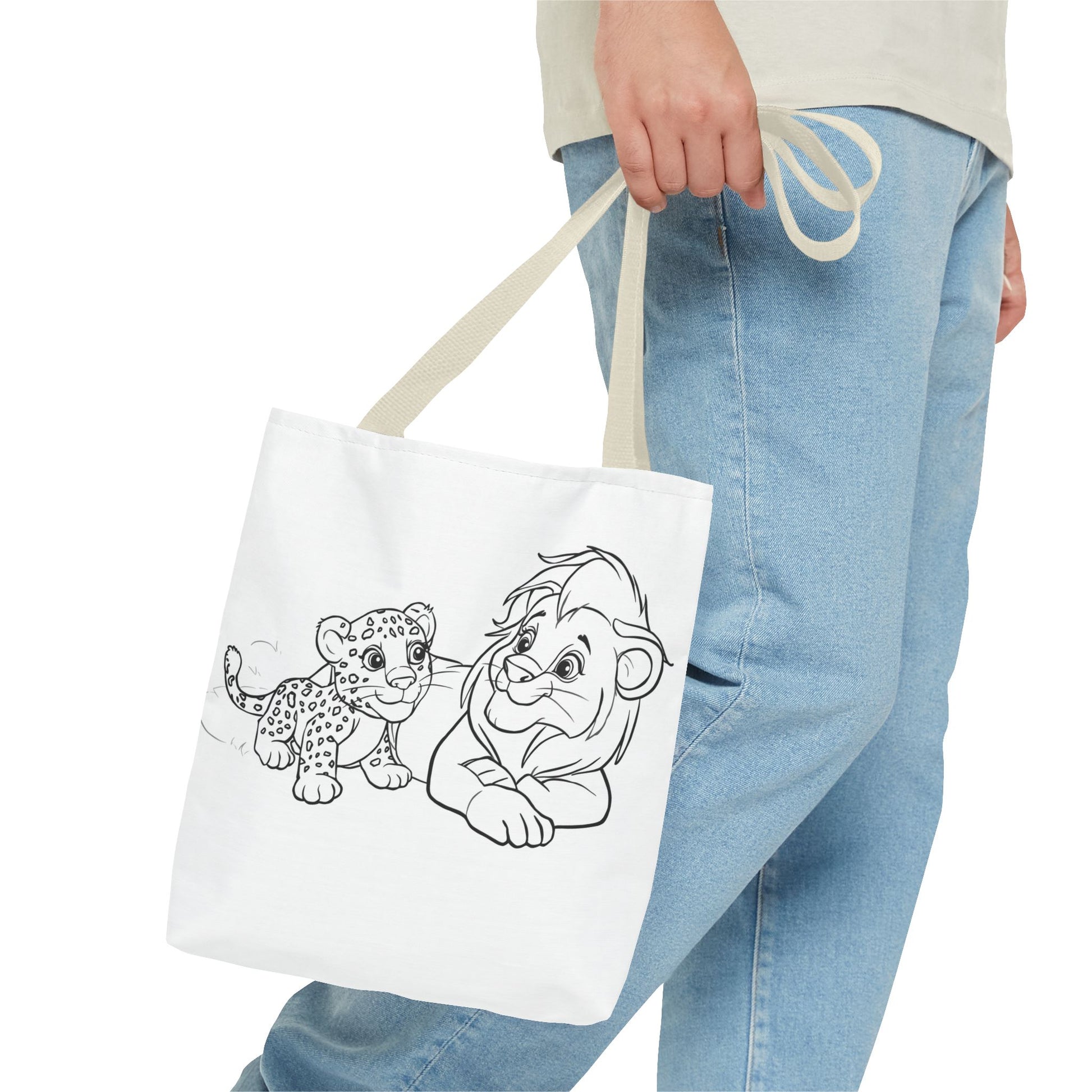 Person holding a tote bag with black line art of a leopard and a person on a white background