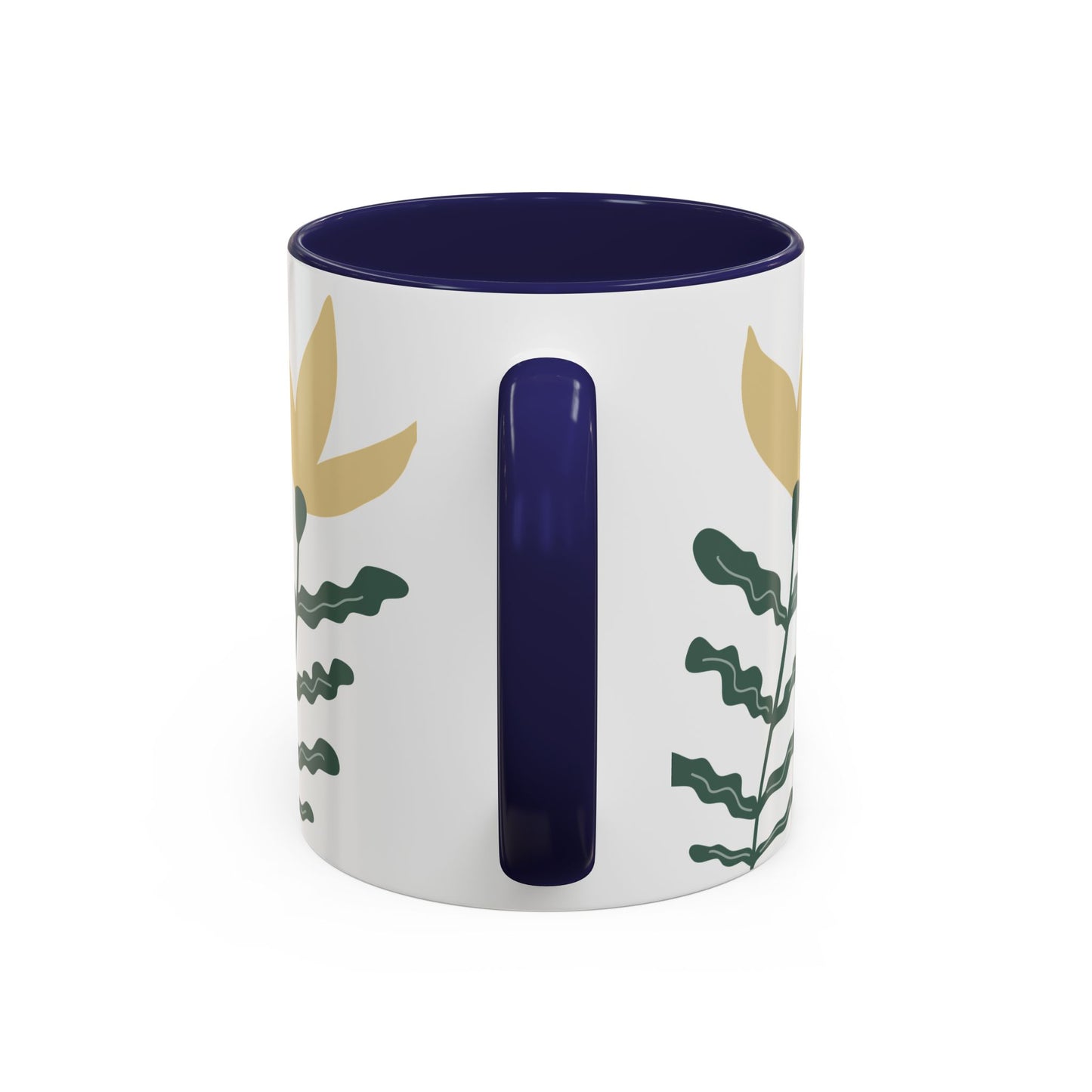 White mug with blue interior and handle, featuring leaf patterns on a white background