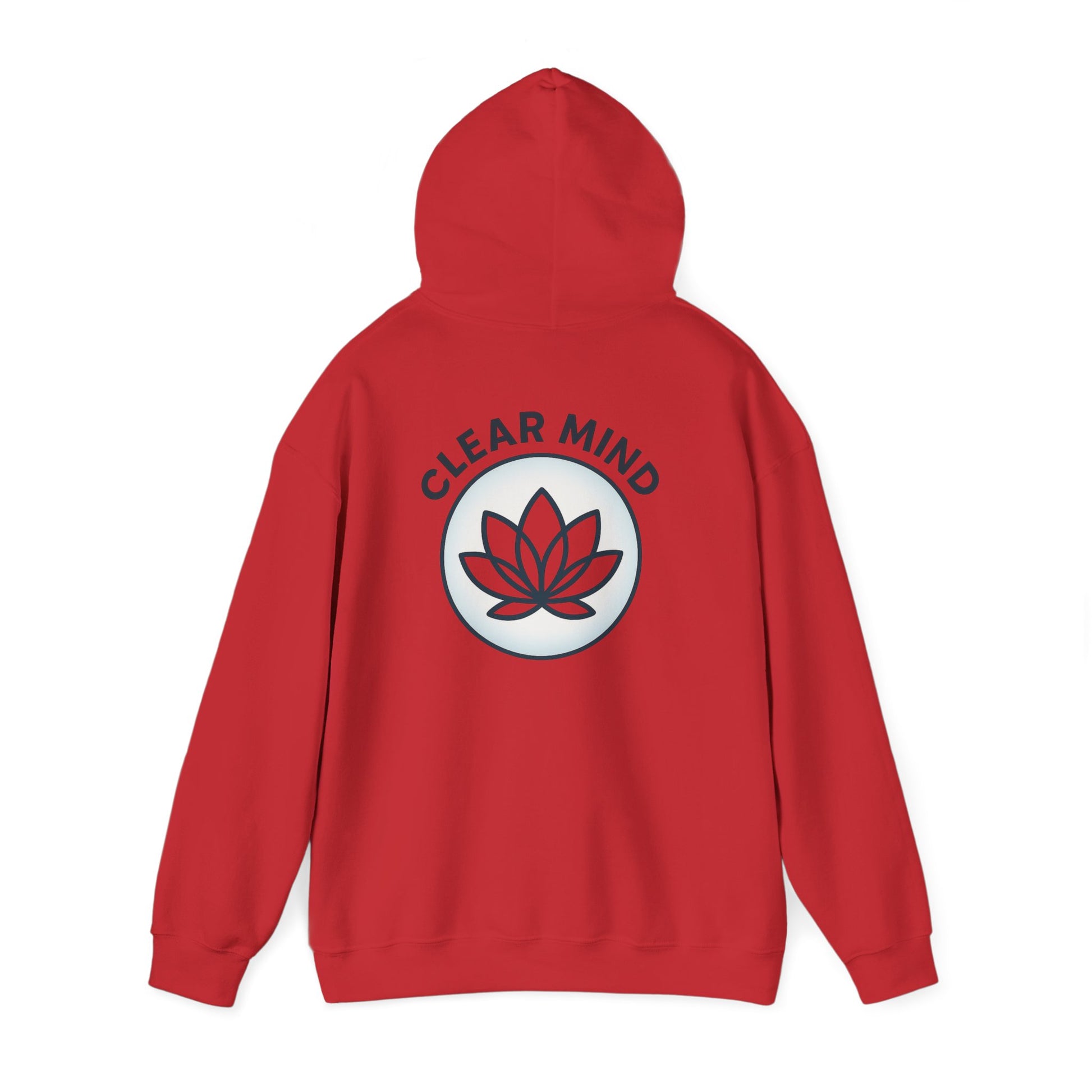 Red hoodie with 'Clear Mind' and lotus flower design on the back against a white background
