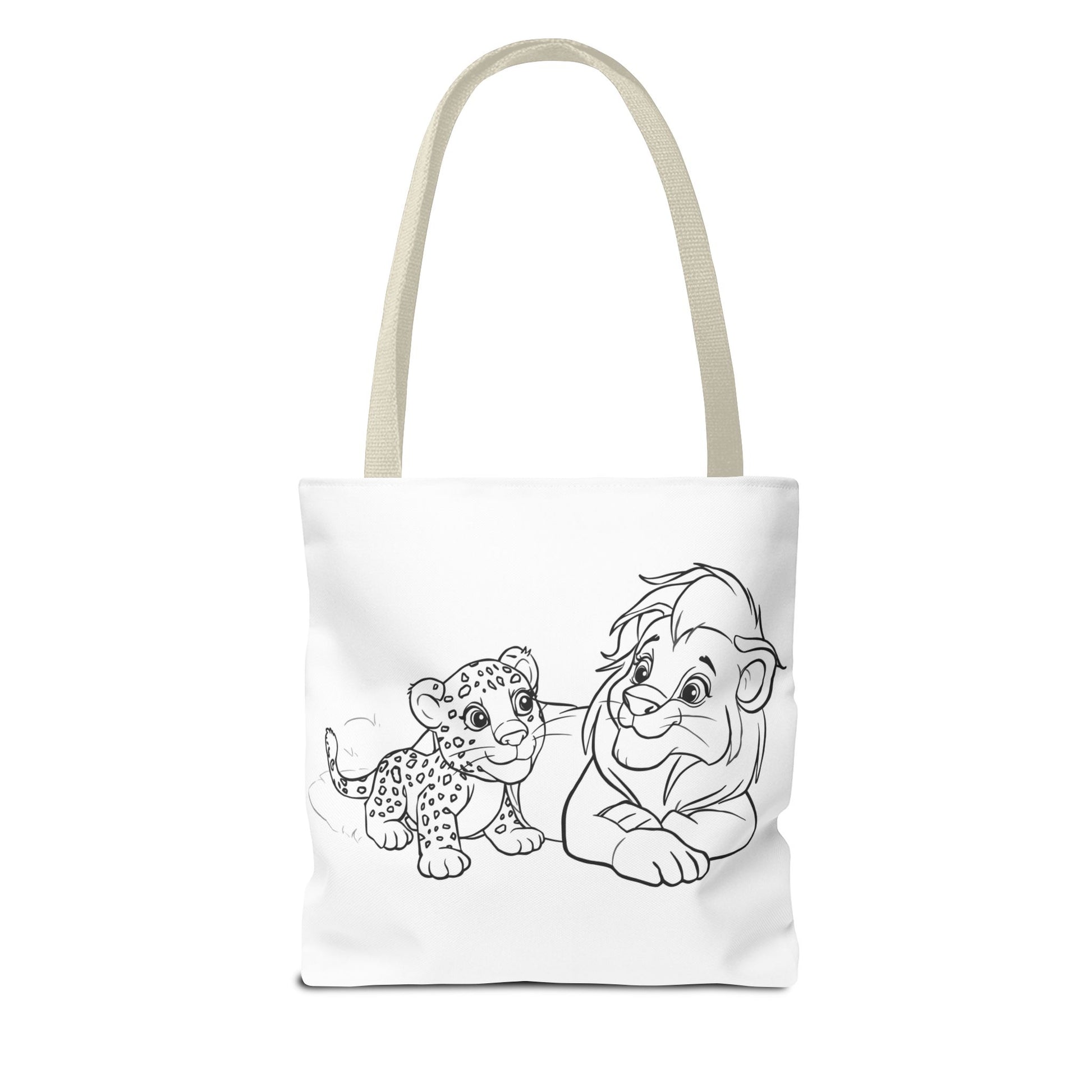 Tote bag with black and white illustration of a lion and cub on a white background