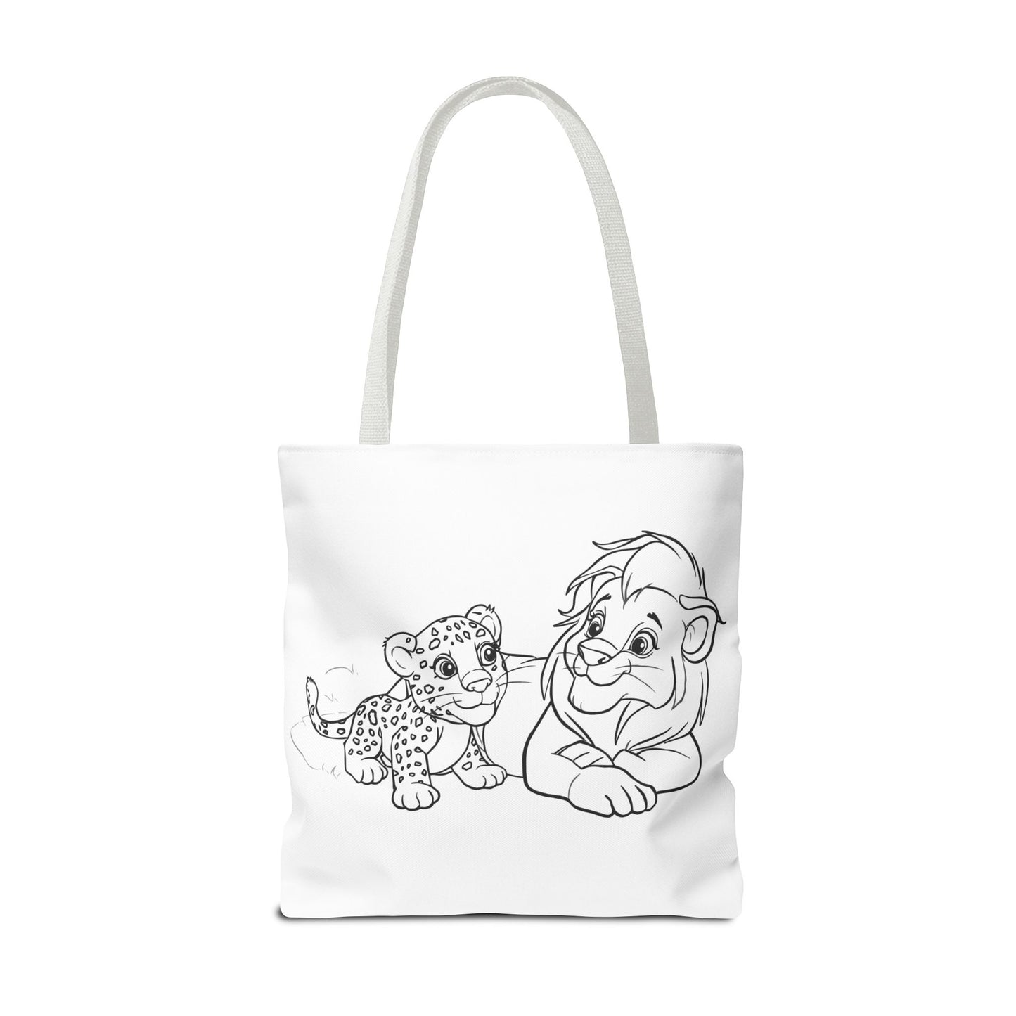 Tote bag with black and white illustration of a lion and a cub on a white background