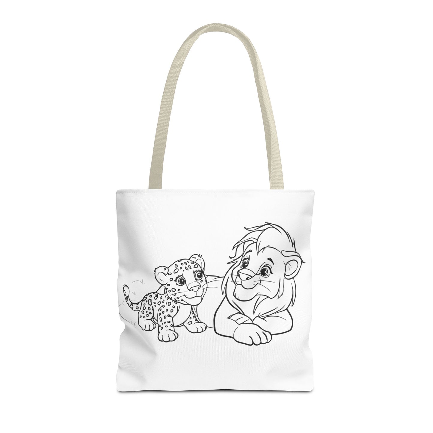 Tote bag with black and white illustrations of a lion and a cub on a white background