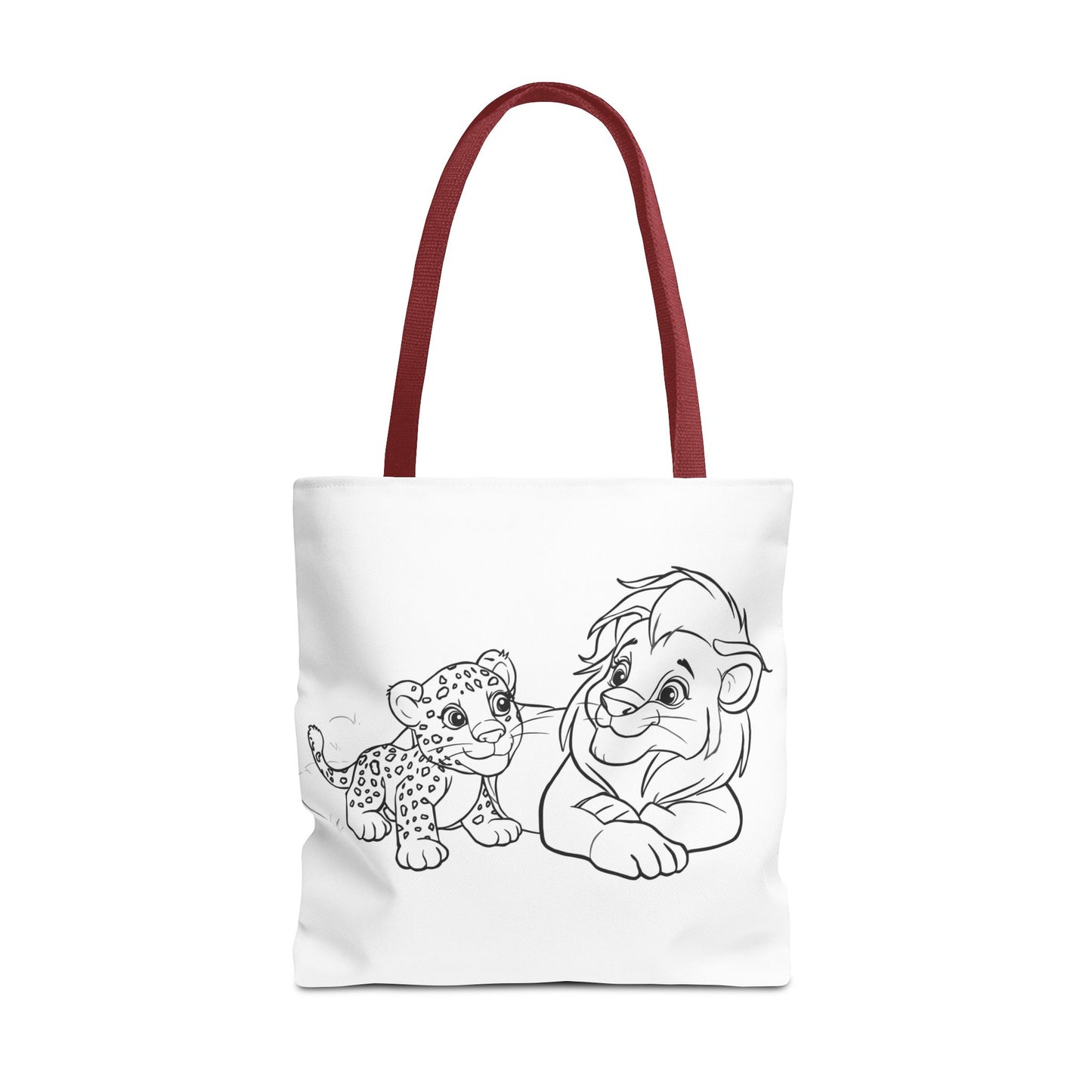 Tote bag with black line art of a lion and a cub on a white background