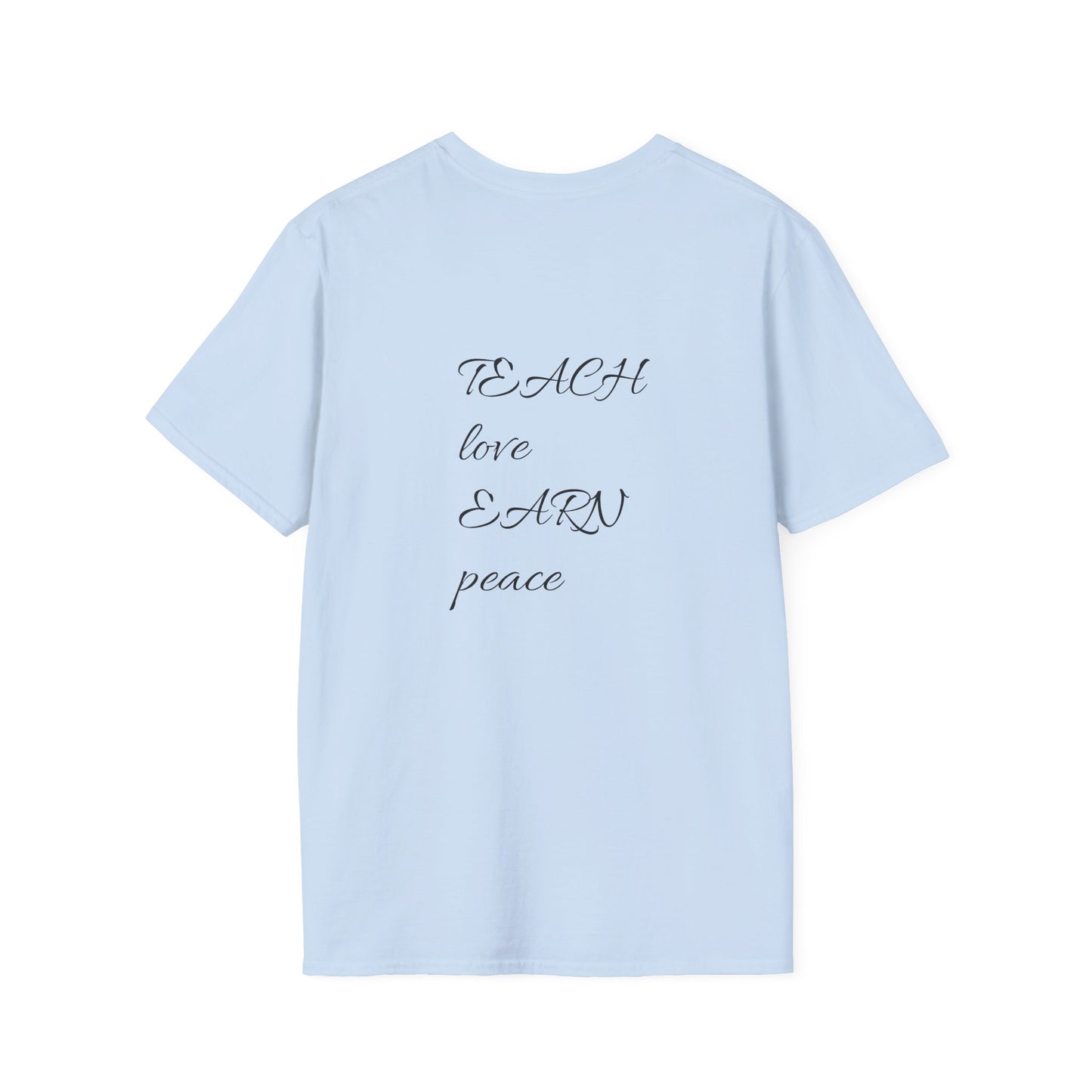 Light blue t-shirt with text on the back on a white background