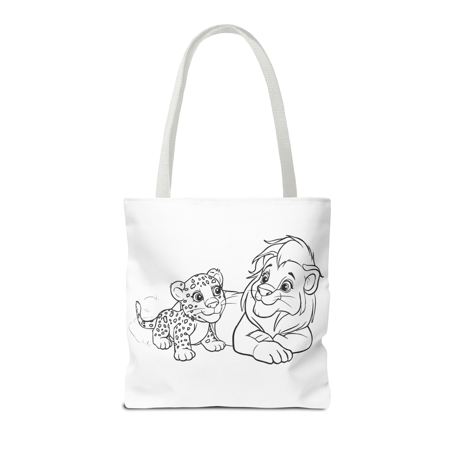 Tote bag with black and white illustration of a lion and a cub on a white background