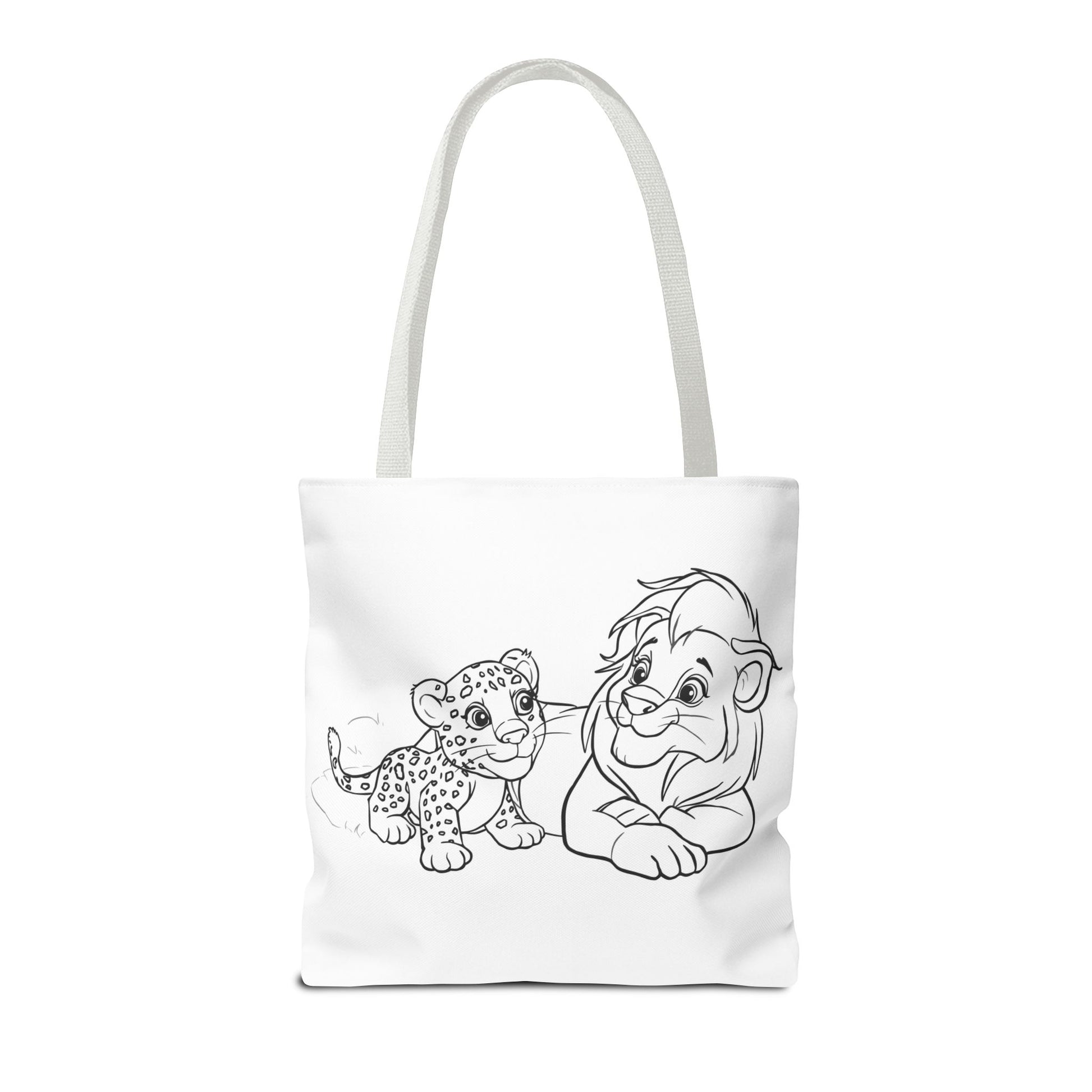 Tote bag with black and white illustration of a lion and a cub on a white background