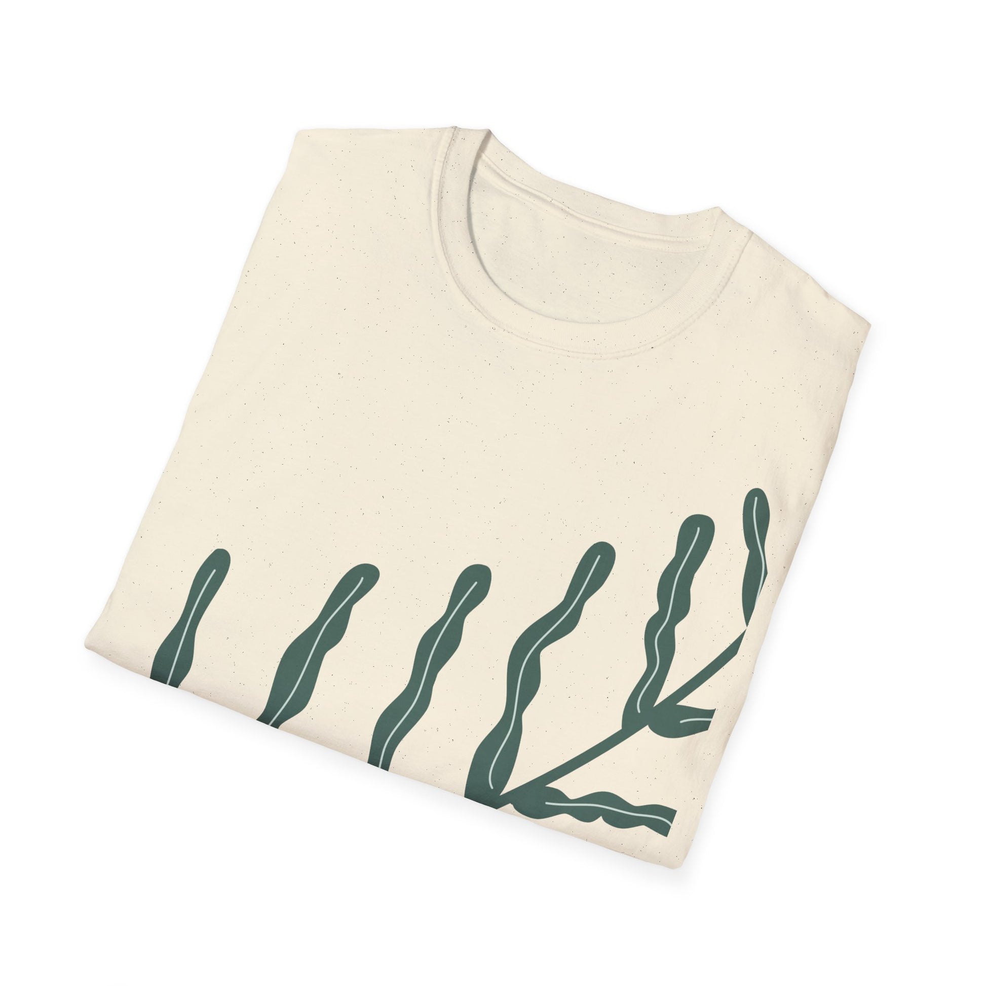 Folded beige btanical sweatshirt with green leaf pattern on a white background