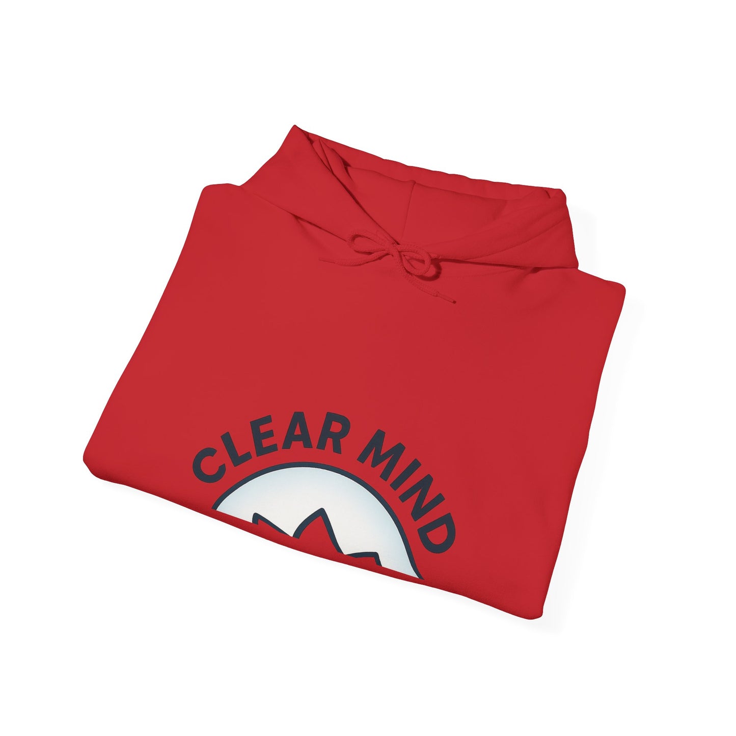 Folded red hoodie with 'Clear Mind' text and mountain graphic on a white background