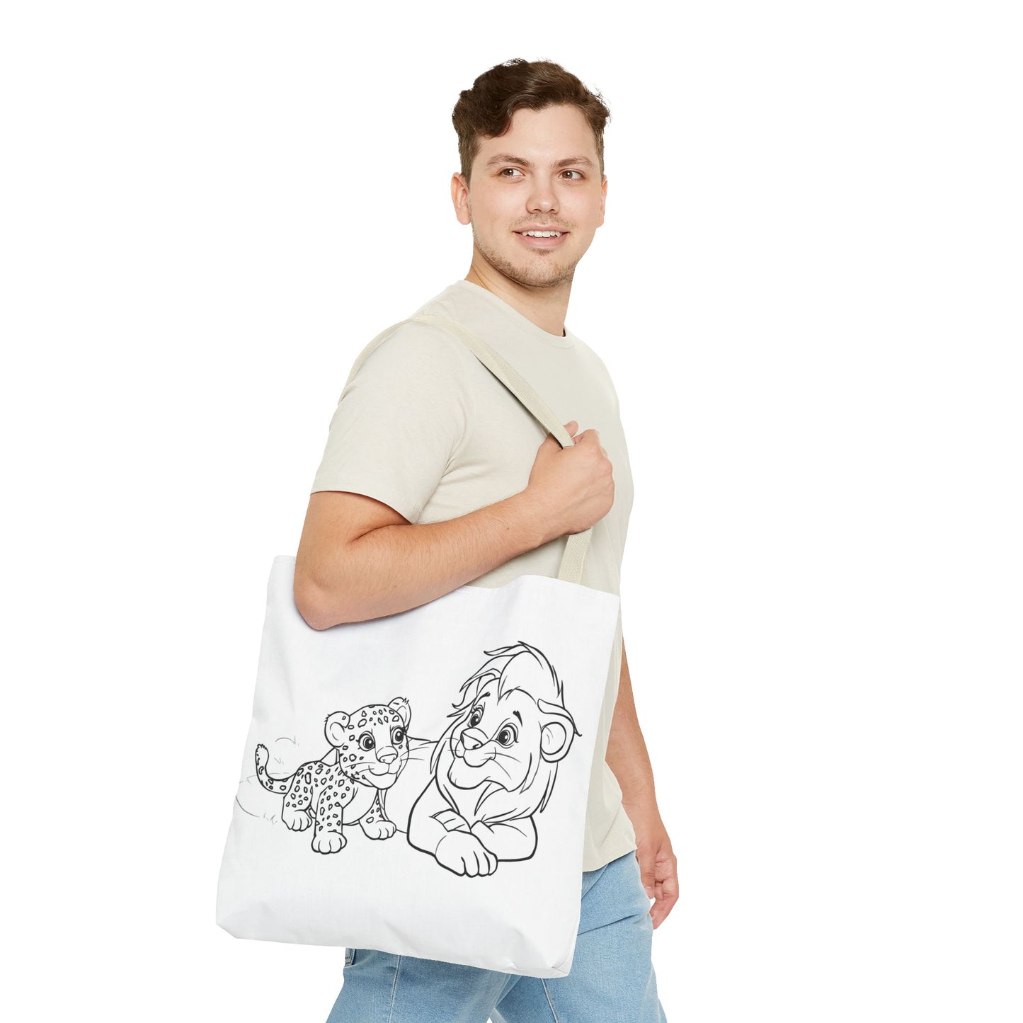 Man holding a tote bag with a design of a leopard and a bear on a white background