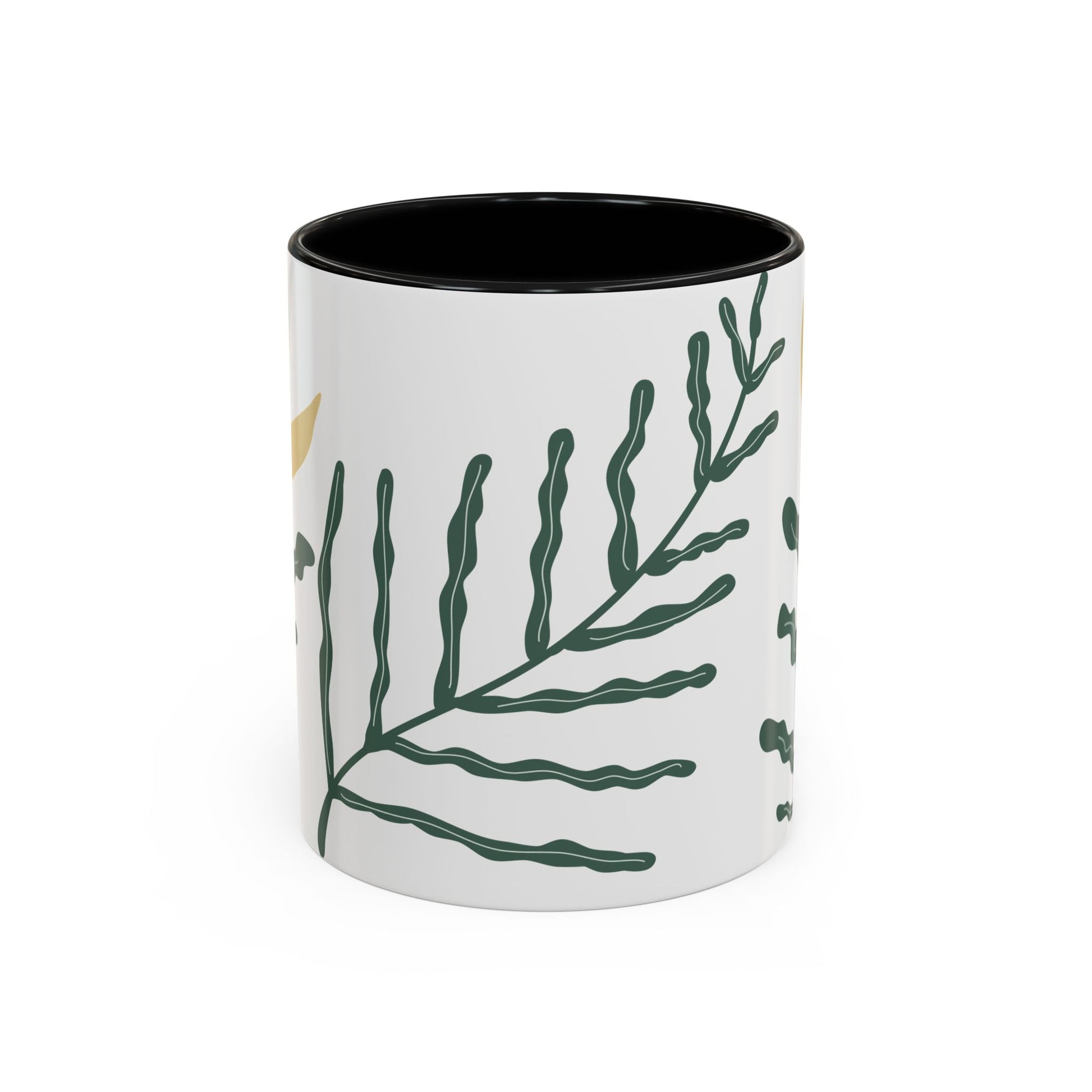 Botanical accent black coffee mug with flowering plant design 11oz size
