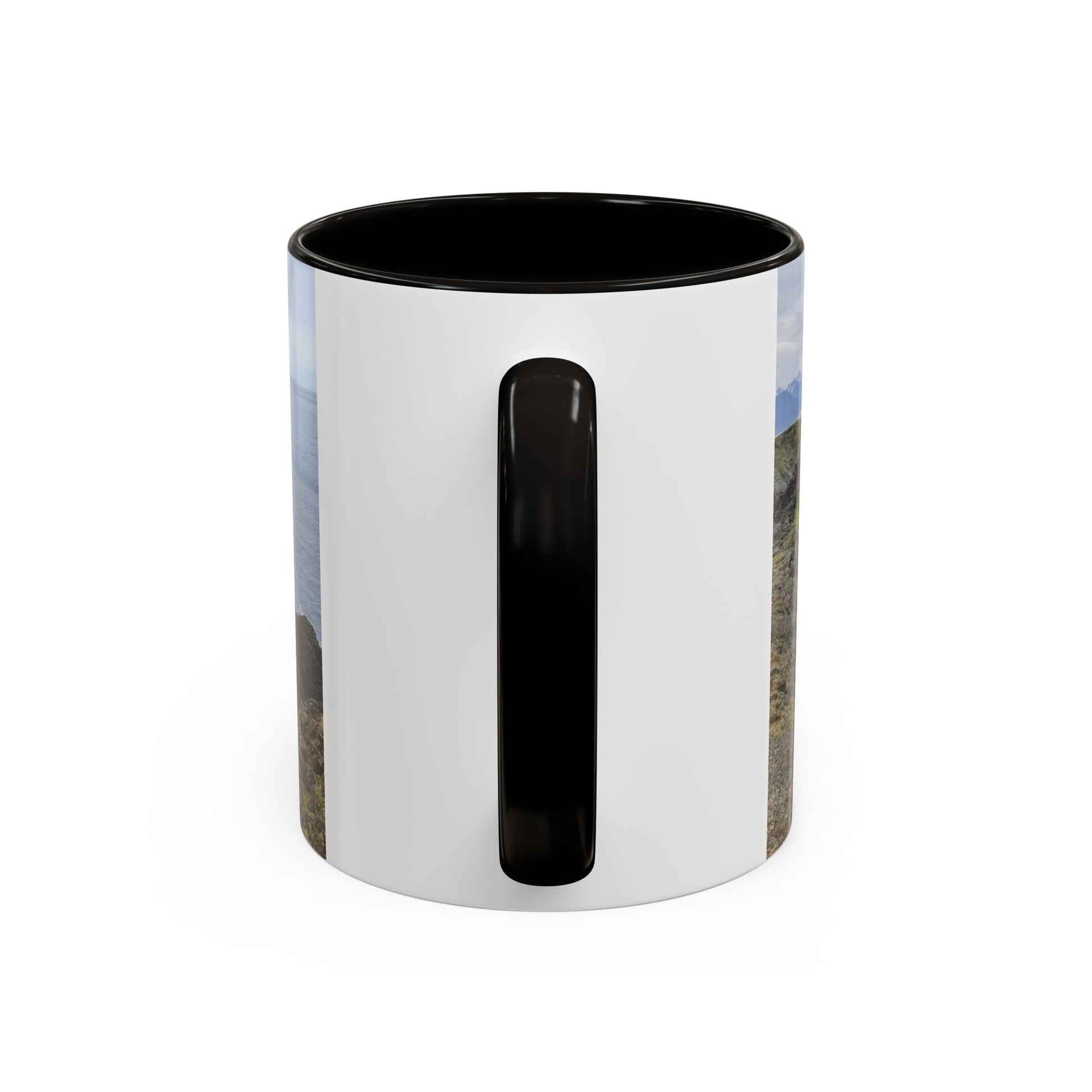 Black handle ocean view ceramic coffee mug with coastal landscape design