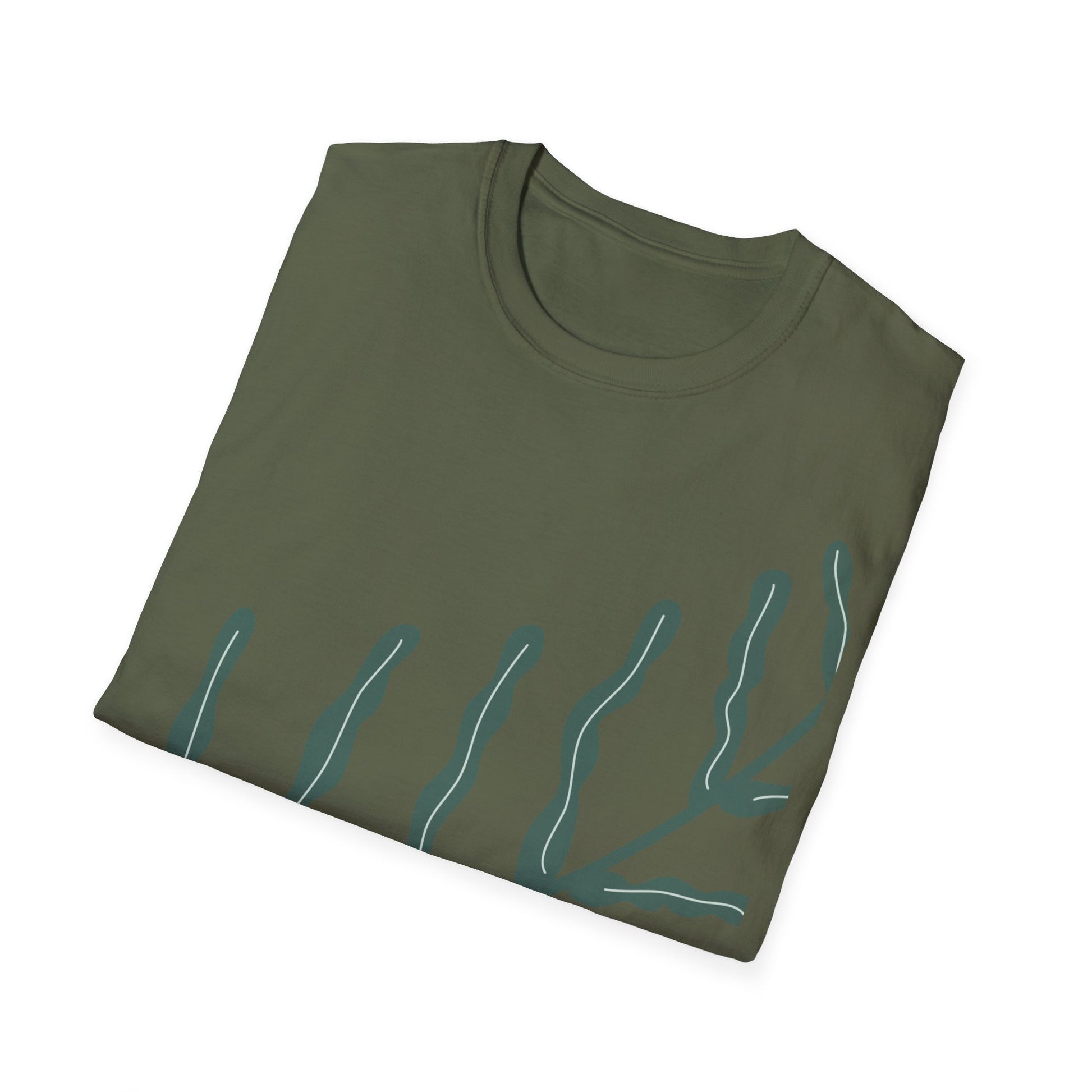 Folded green botanical t-shirt with blue designs on a white background