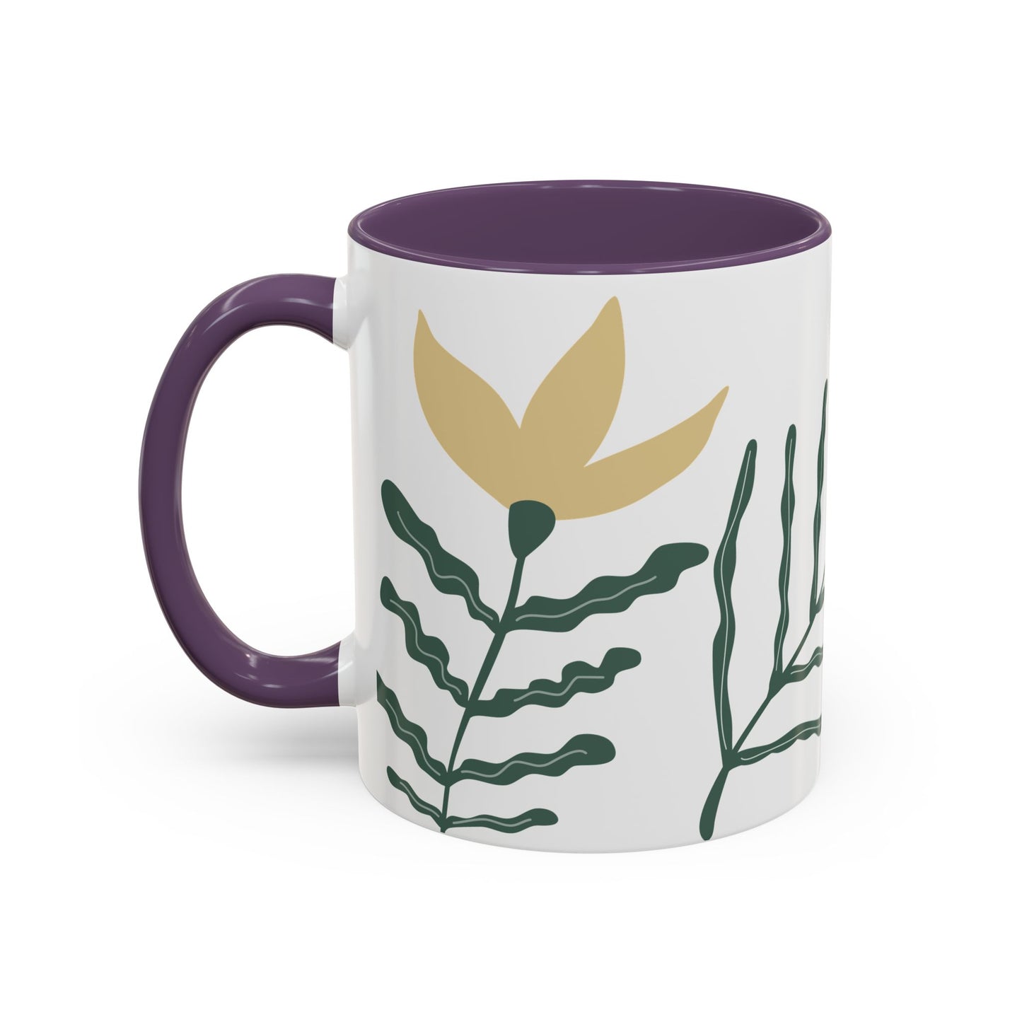 Mug with purple handle and interior, featuring a gold leaf and green plant design on a white background