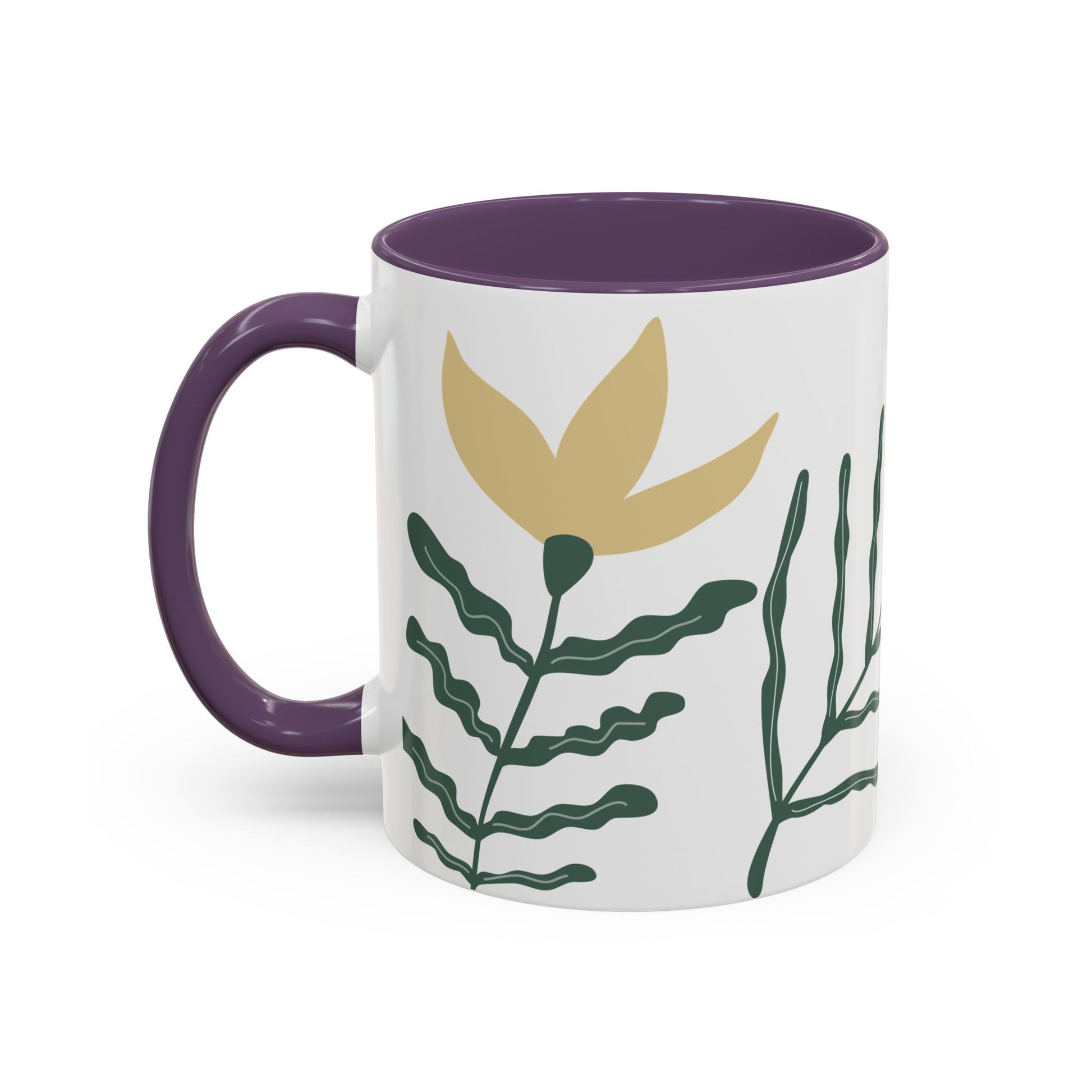Mug with purple handle and interior, featuring a gold leaf and green plant design on a white background