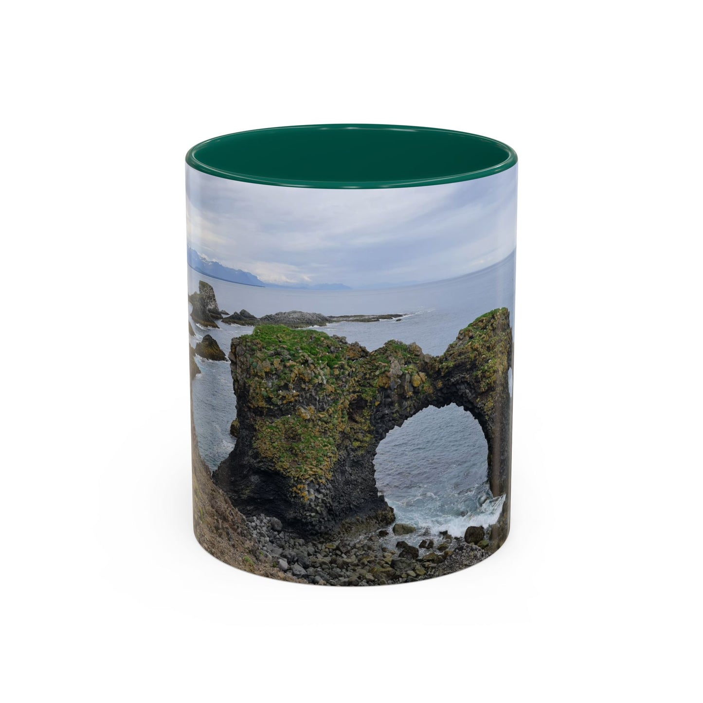 Green interior ocean view ceramic coffee mug with coastal landscape design