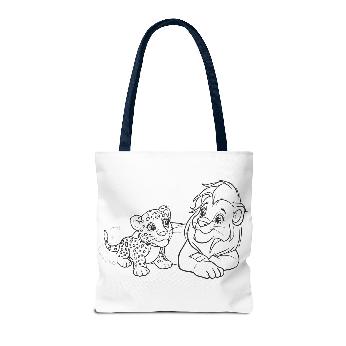 Tote bag with black and white illustration of a lion and cub on a white background