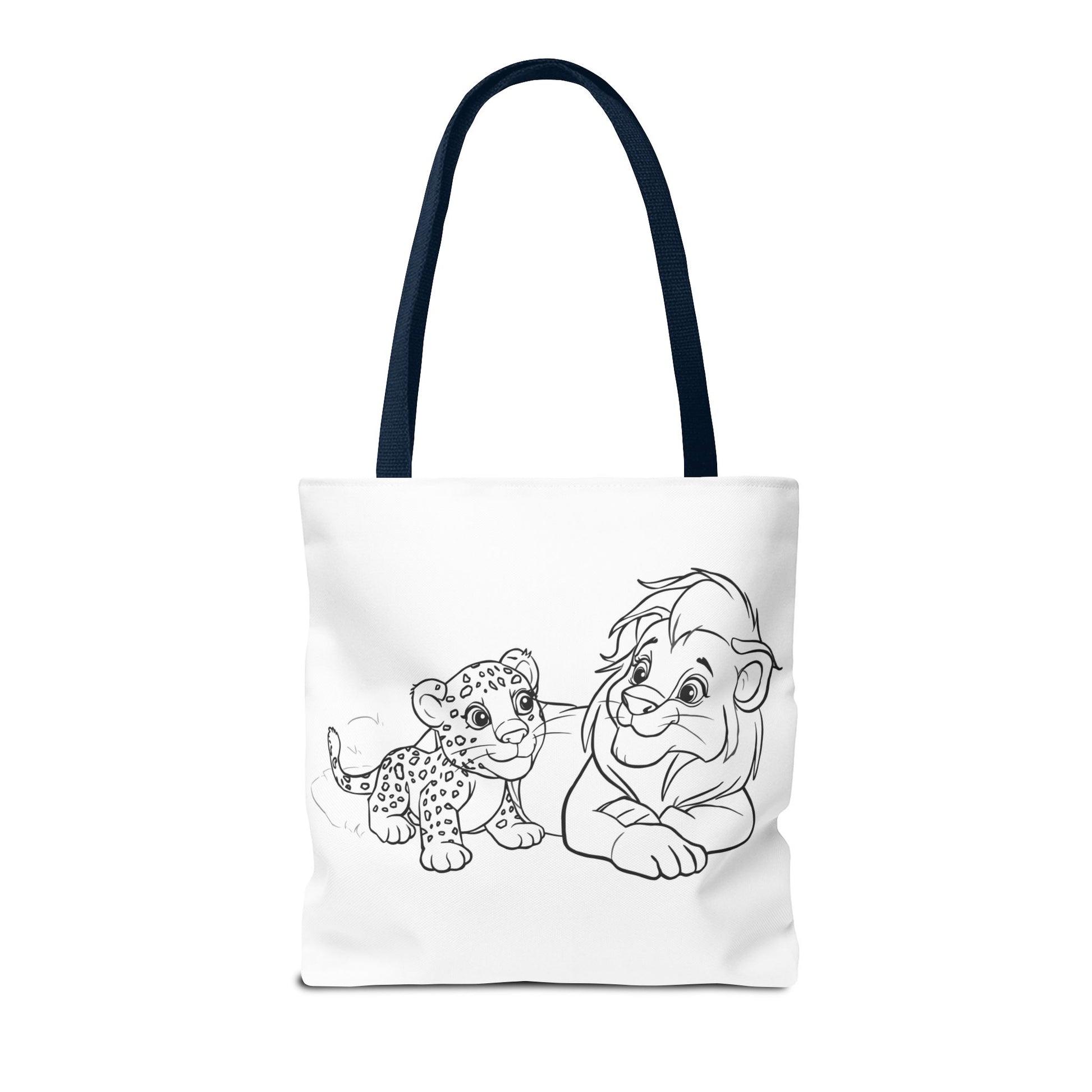 Tote bag with black and white illustration of a lion and cub on a white background