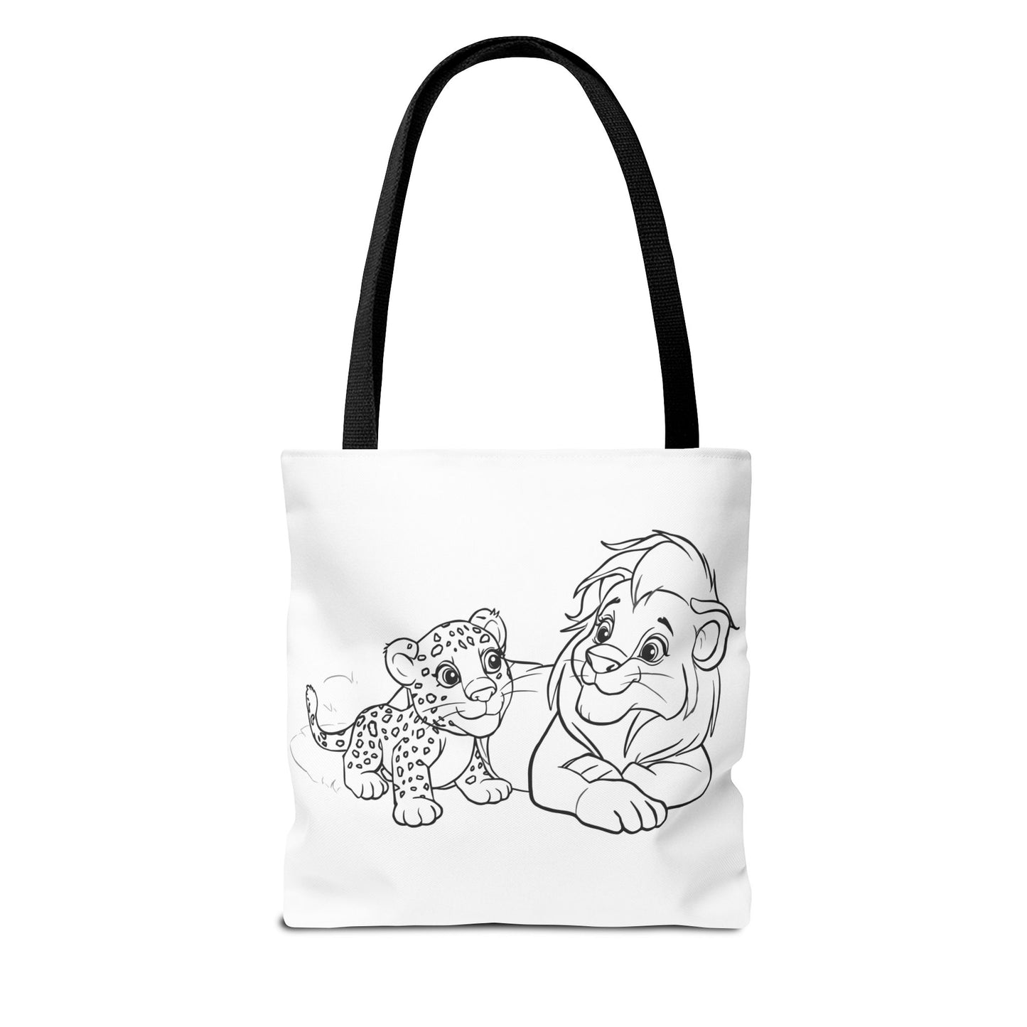 Tote bag with black and white illustration of a lion and cub on a white background