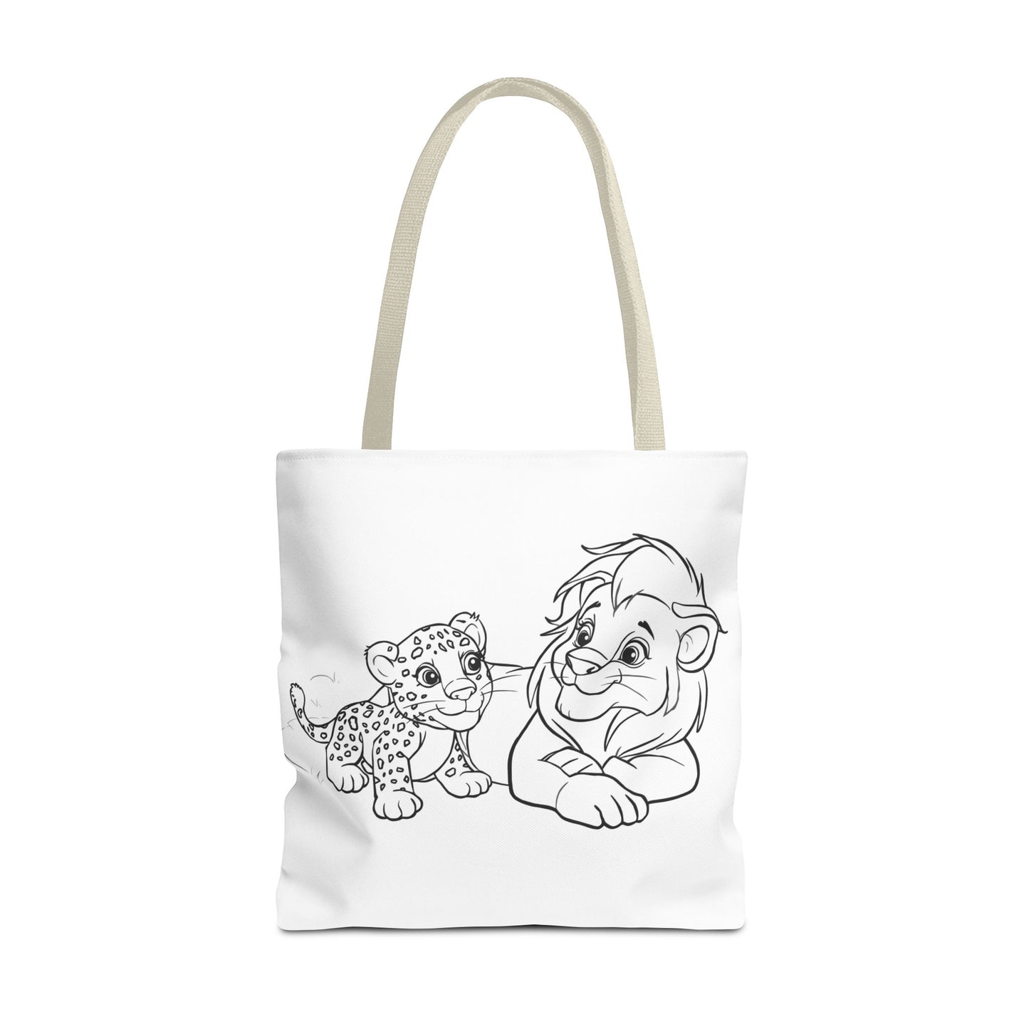 Tote bag with black line art of a lion and a cub on a white background