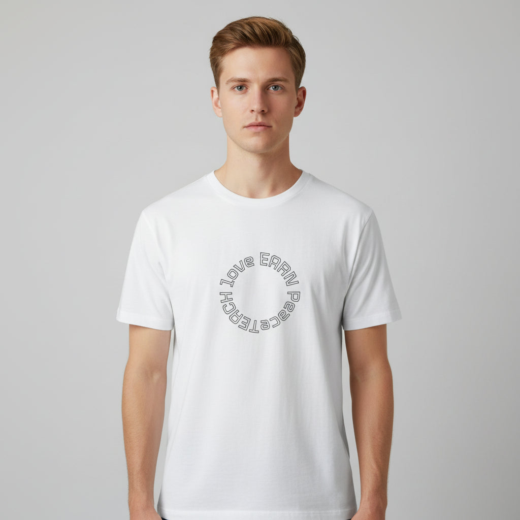 White t-shirt with circular text design on a white background