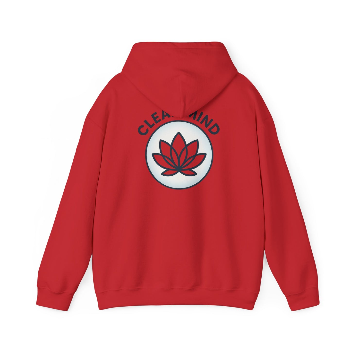 Red hoodie with a lotus flower design and 'Clear Mind' text on the back against a white background