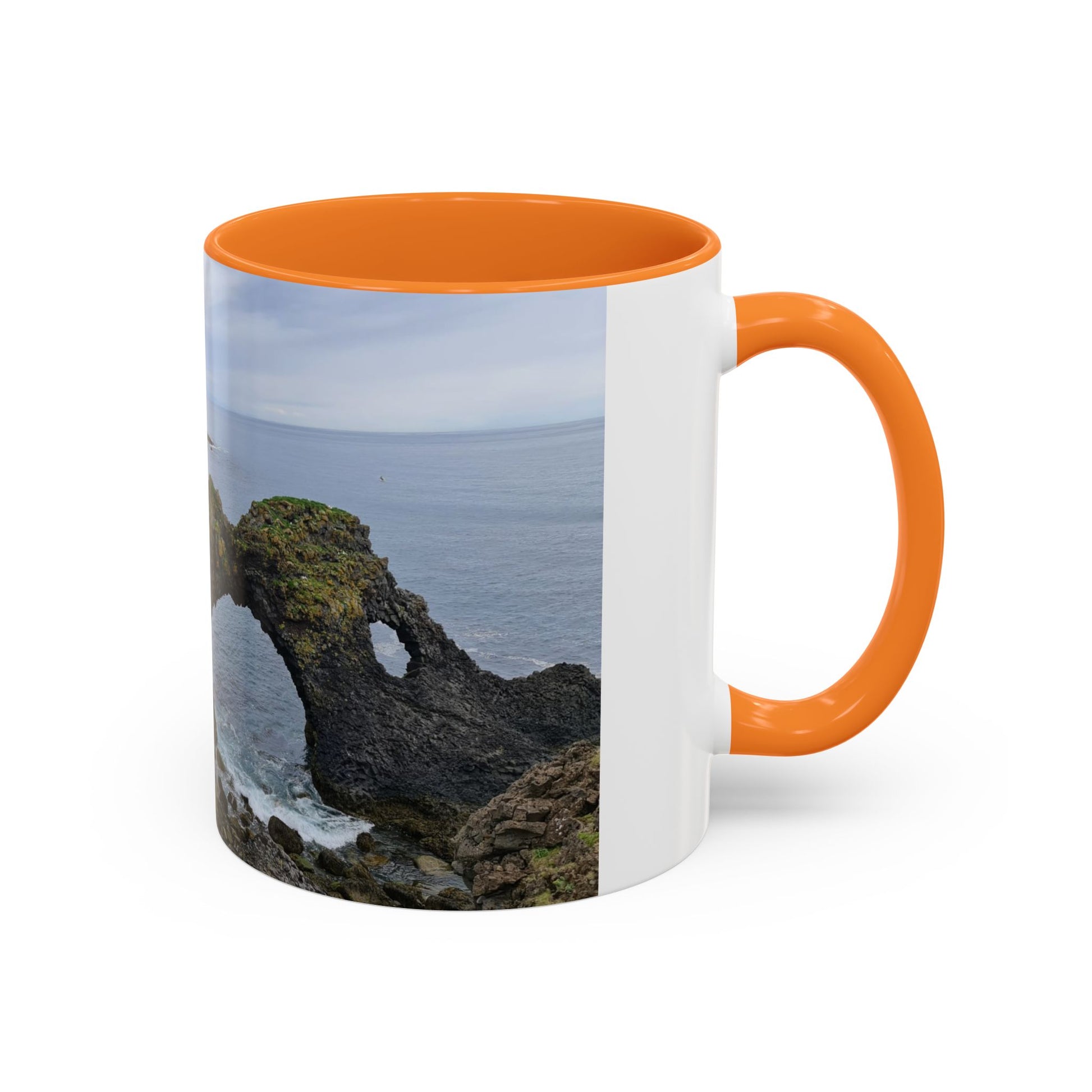 Orange interior ocean view ceramic coffee mug with coastal landscape design