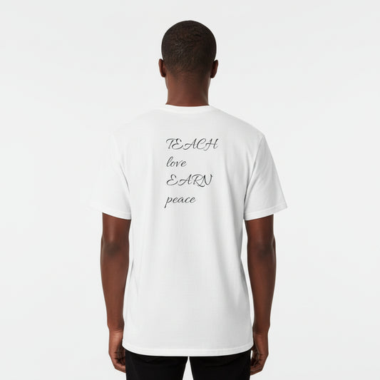 White t-shirt with black text on a white background